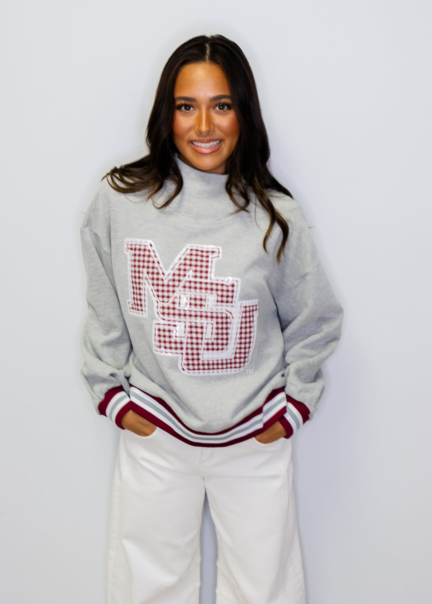 Licensed Miss State Grey Gingham Mascot Mock Neck Sweatshirt