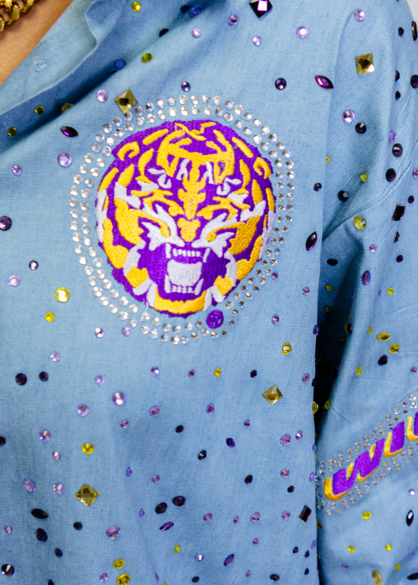 Licensed LSU Denim Multi Rhinestone Scattered Logo Button Up Long Sleeve Top
