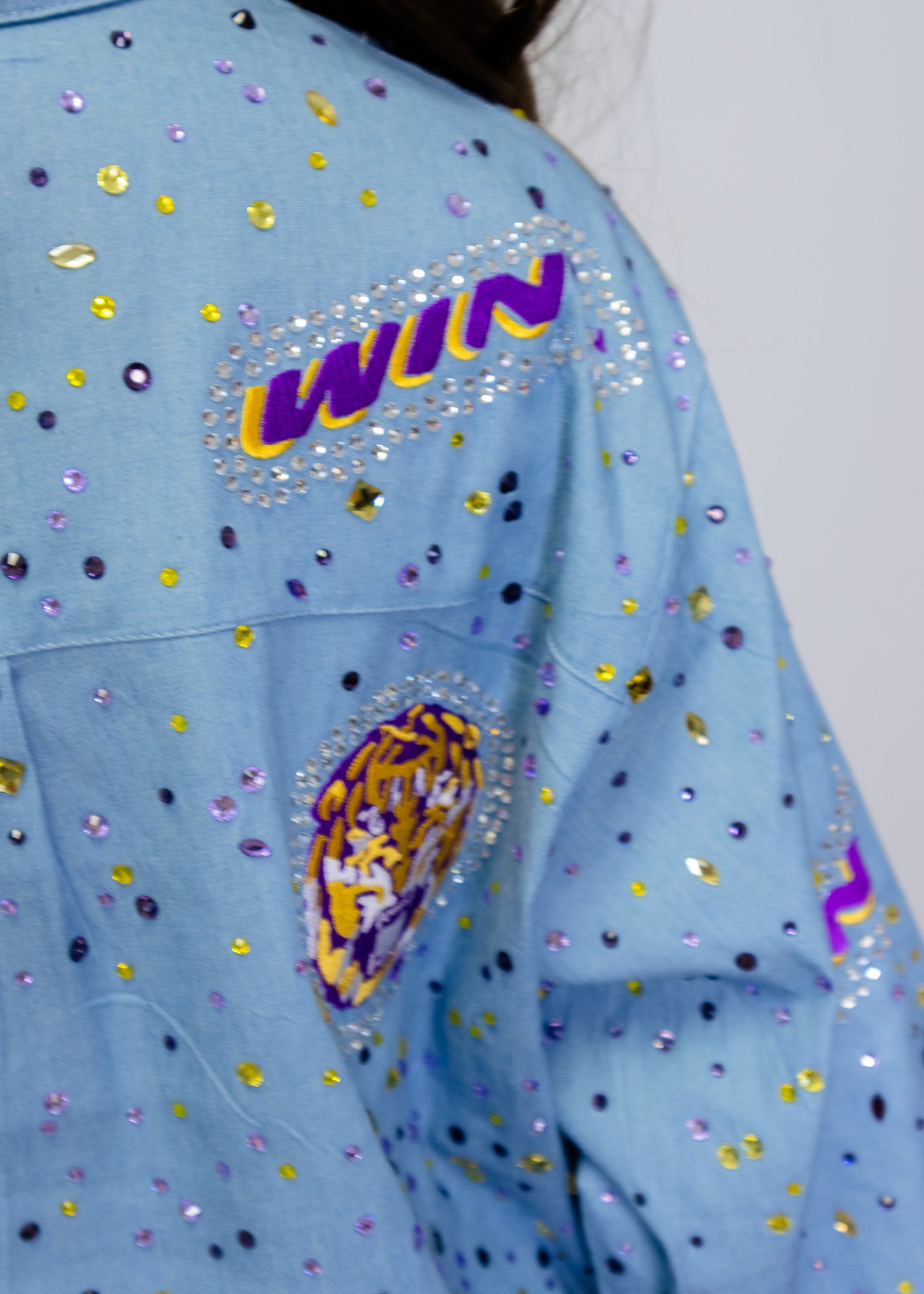 Licensed LSU Denim Multi Rhinestone Scattered Logo Button Up Long Sleeve Top