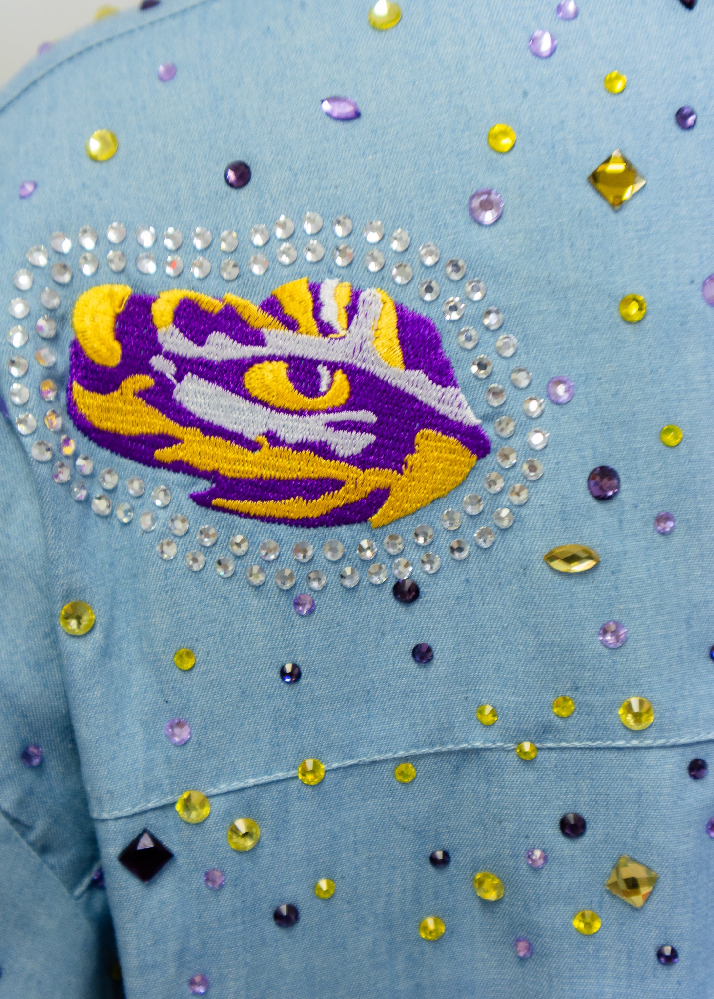 Licensed LSU Denim Multi Rhinestone Scattered Logo Button Up Long Sleeve Top