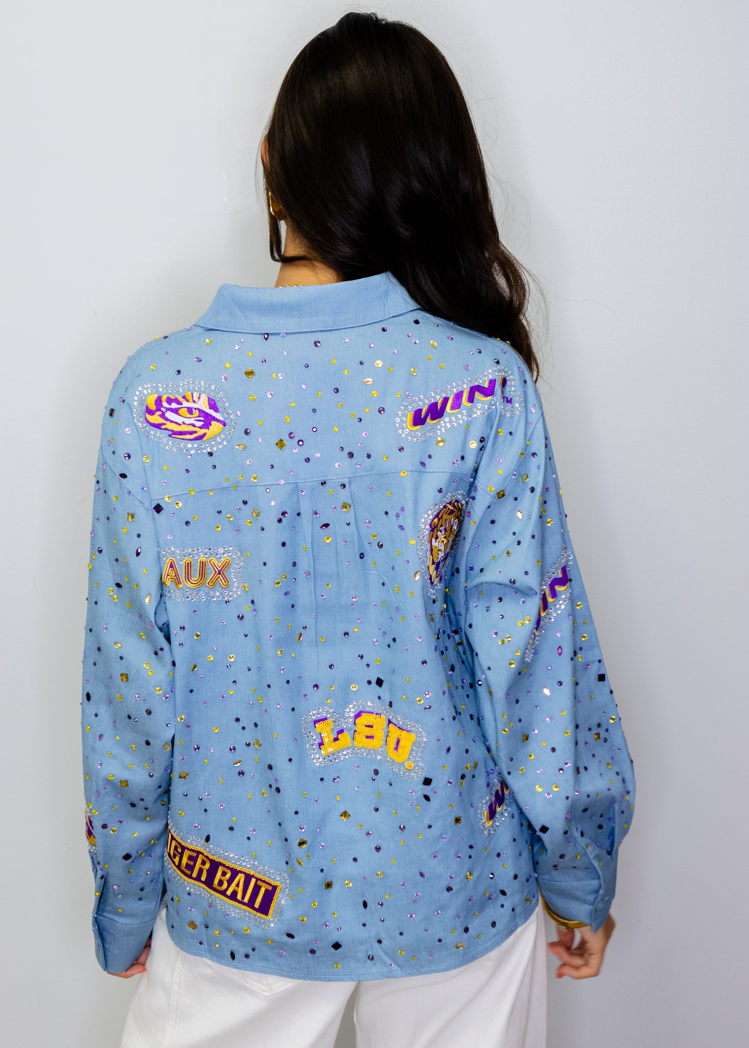 Licensed LSU Denim Multi Rhinestone Scattered Logo Button Up Long Sleeve Top