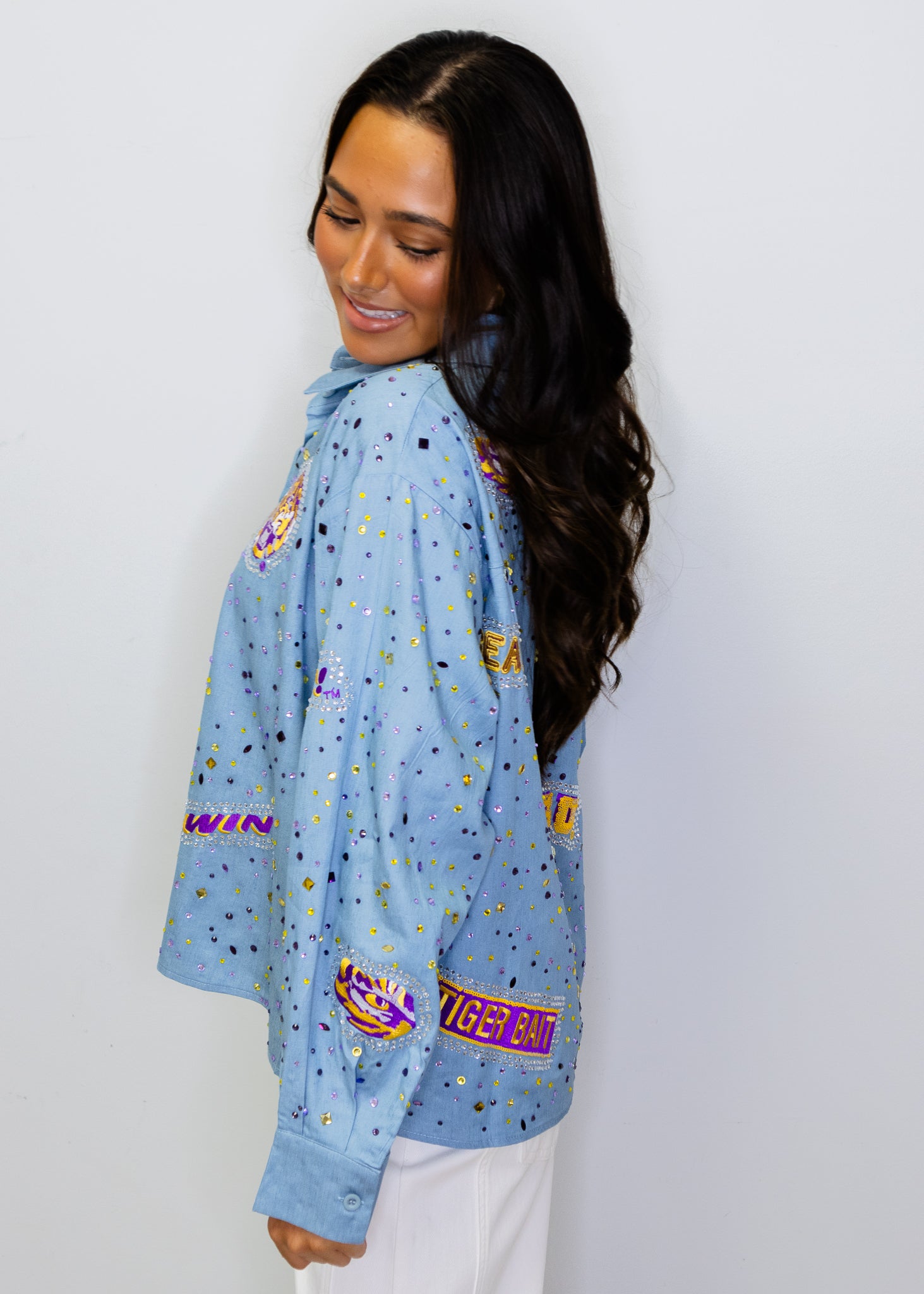 Licensed LSU Denim Multi Rhinestone Scattered Logo Button Up Long Sleeve Top