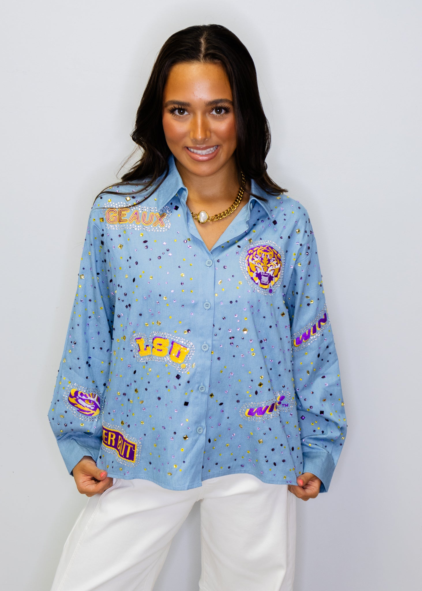 Licensed LSU Denim Multi Rhinestone Scattered Logo Button Up Long Sleeve Top