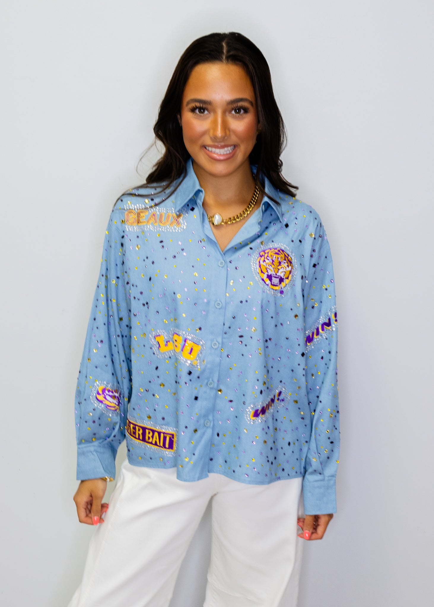 Licensed LSU Denim Multi Rhinestone Scattered Logo Button Up Long Sleeve Top