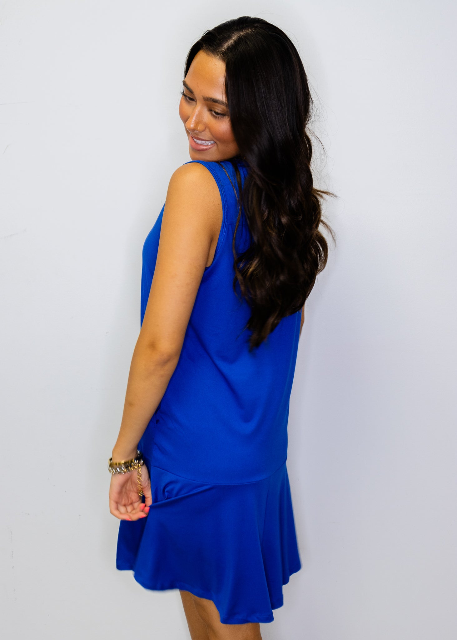 Royal Blue Split Neck Flounce Dress