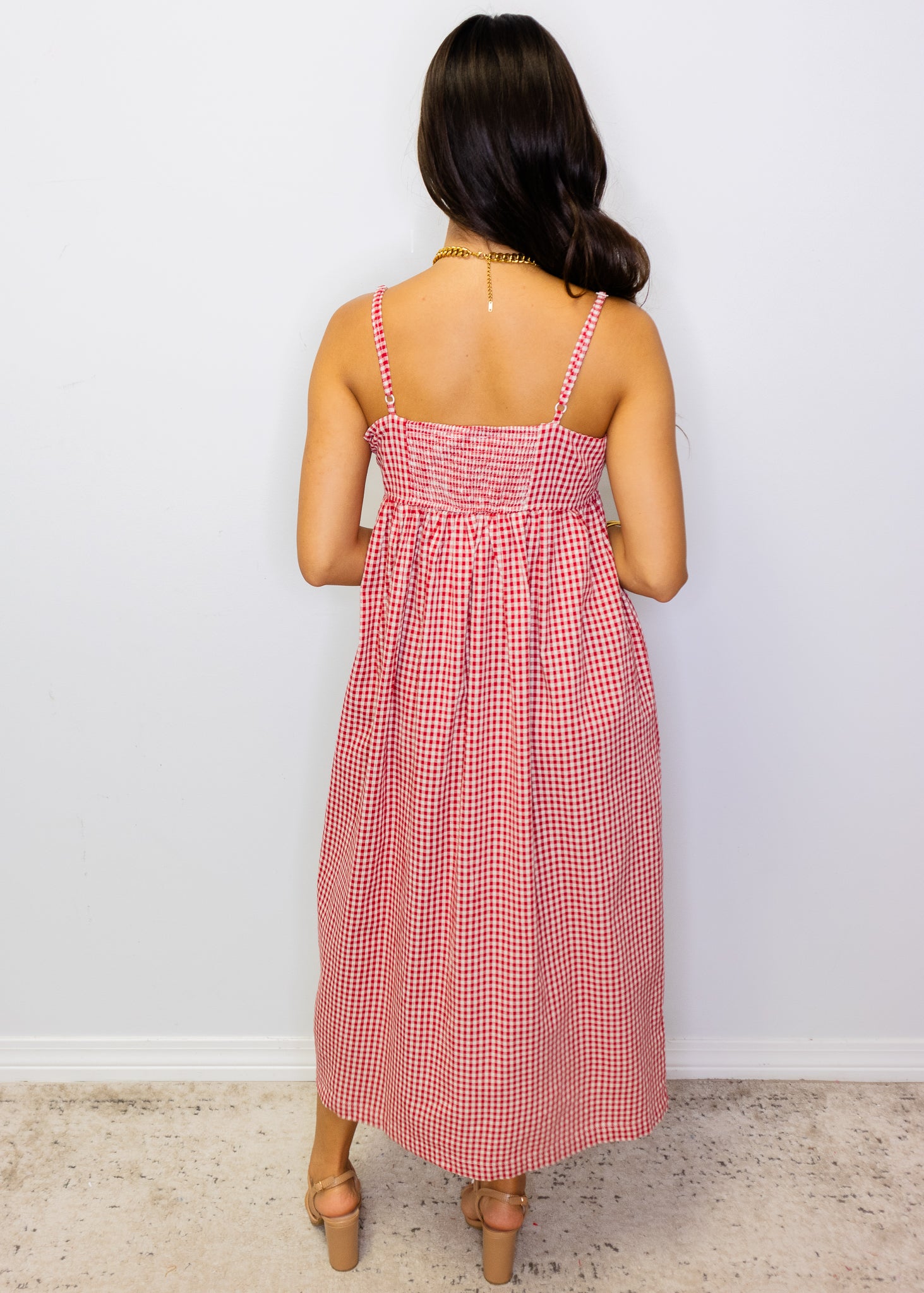 Red Gingham Midi Dress