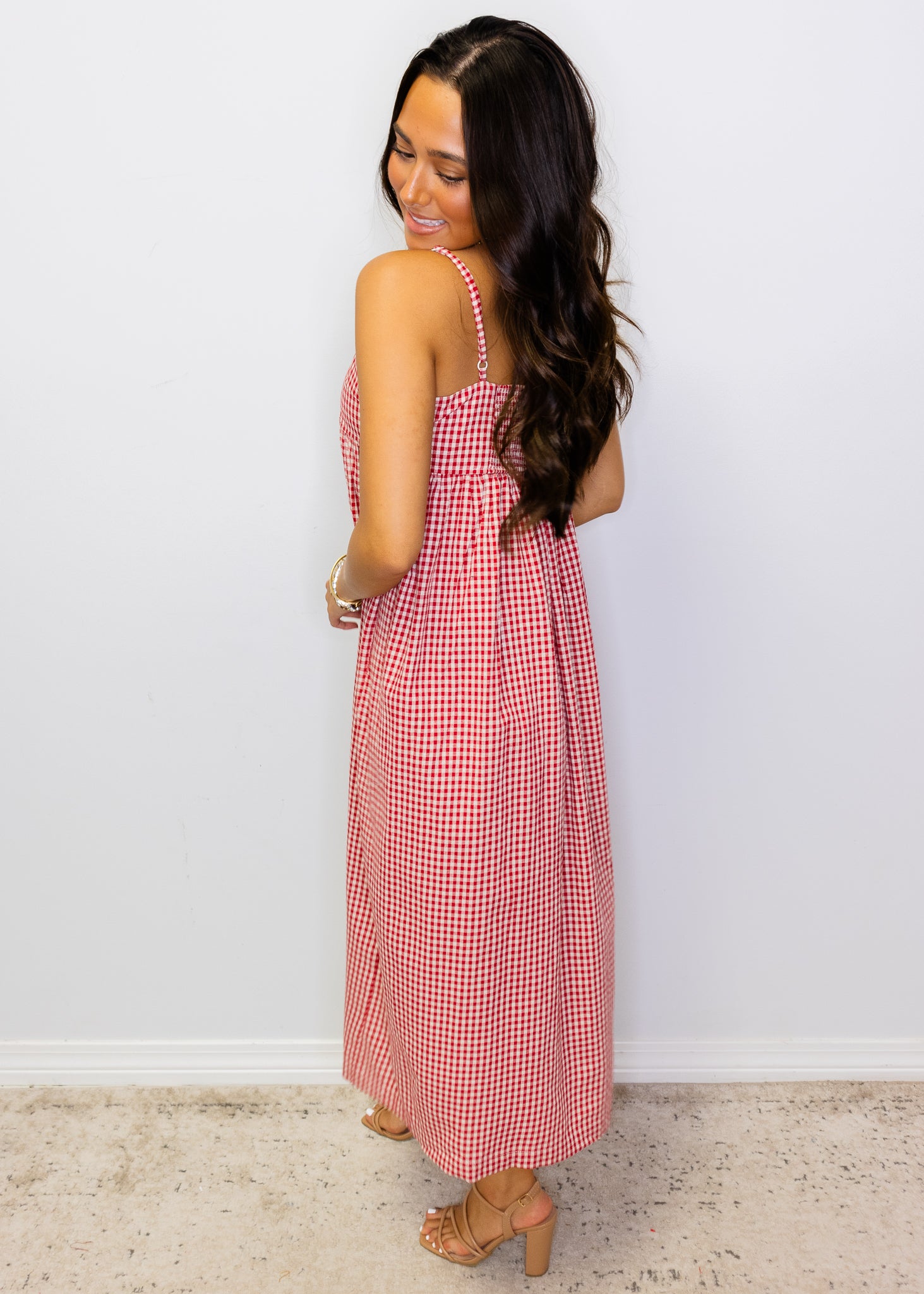 Red Gingham Midi Dress