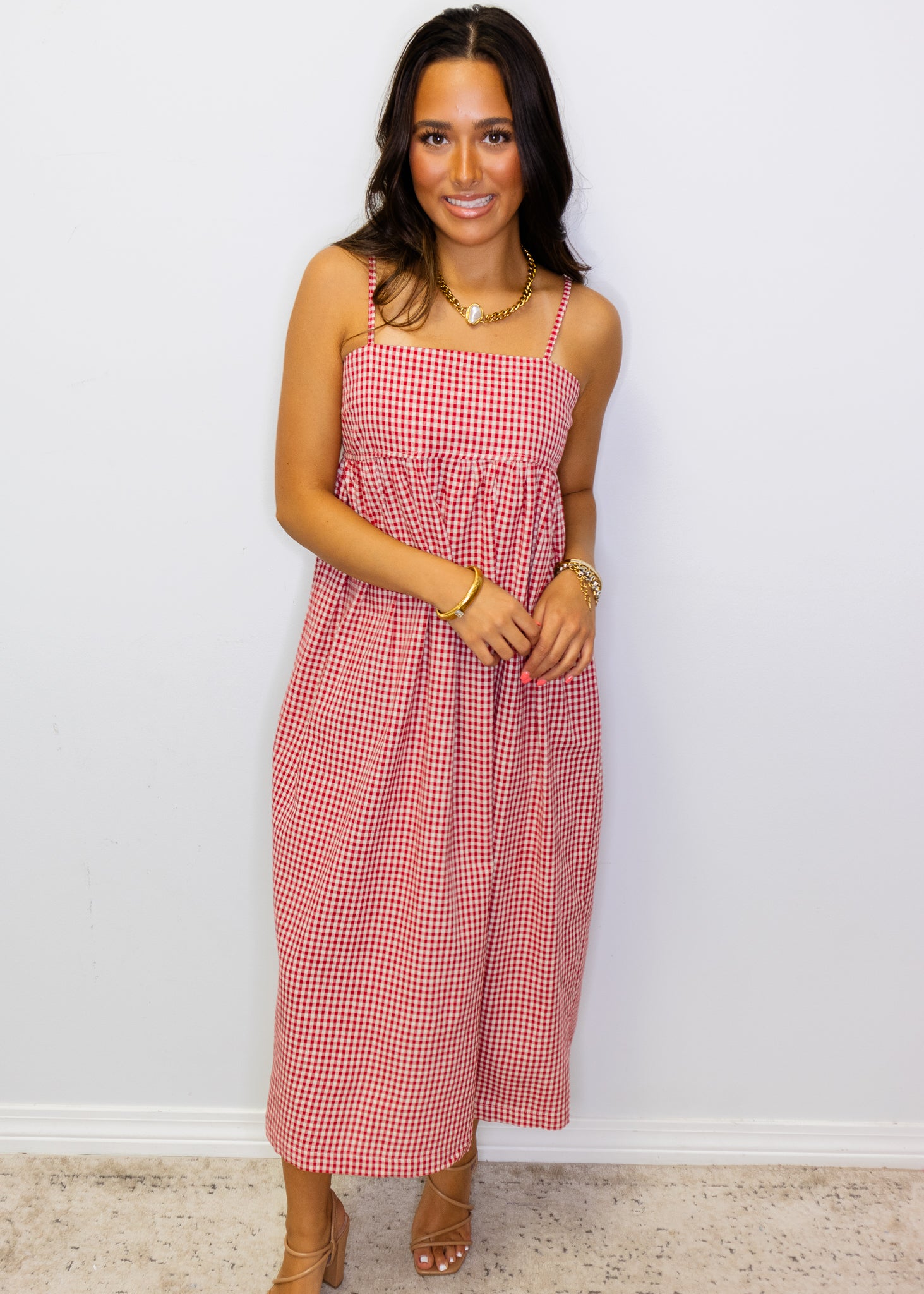 Red Gingham Midi Dress