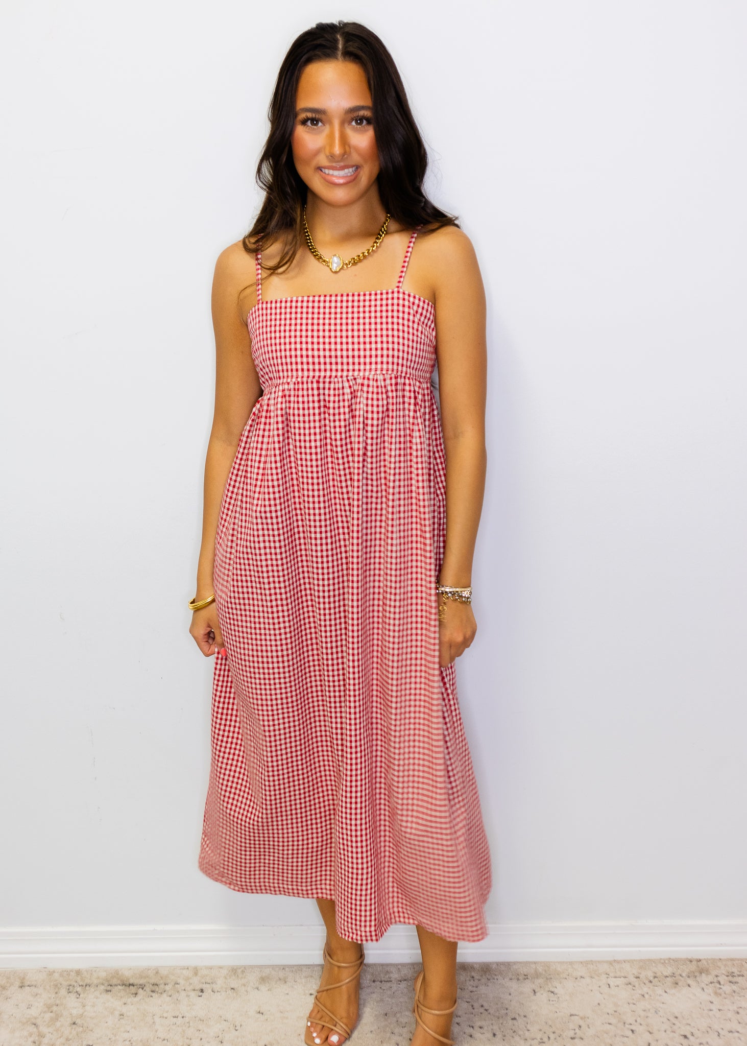 Red Gingham Midi Dress