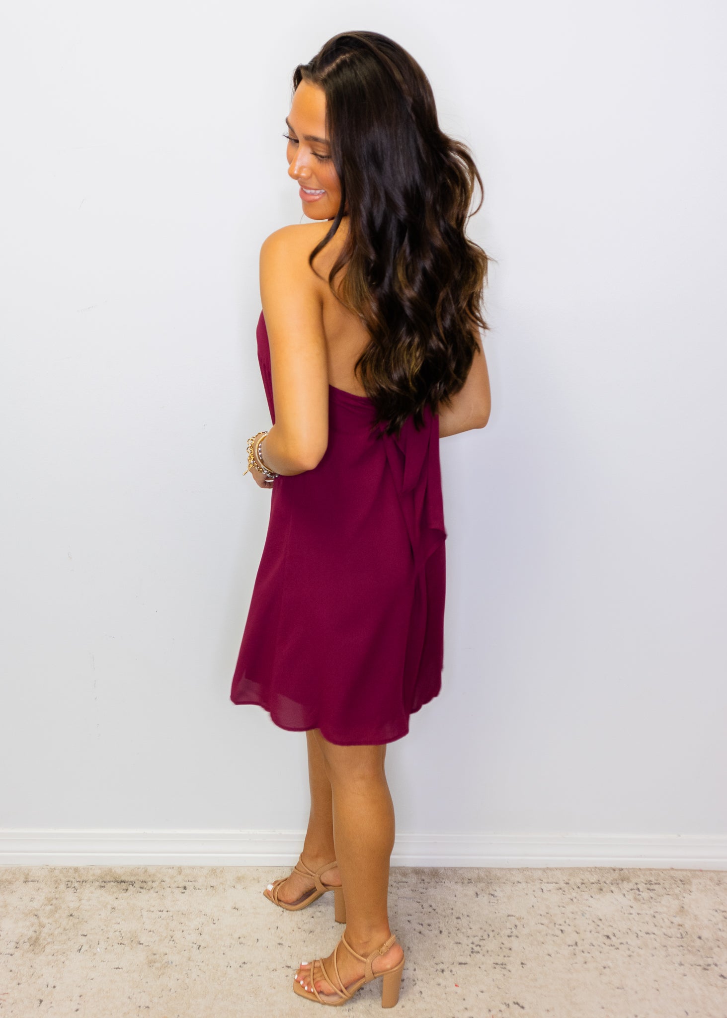 Wine Halter Neck Draped Mini Dress