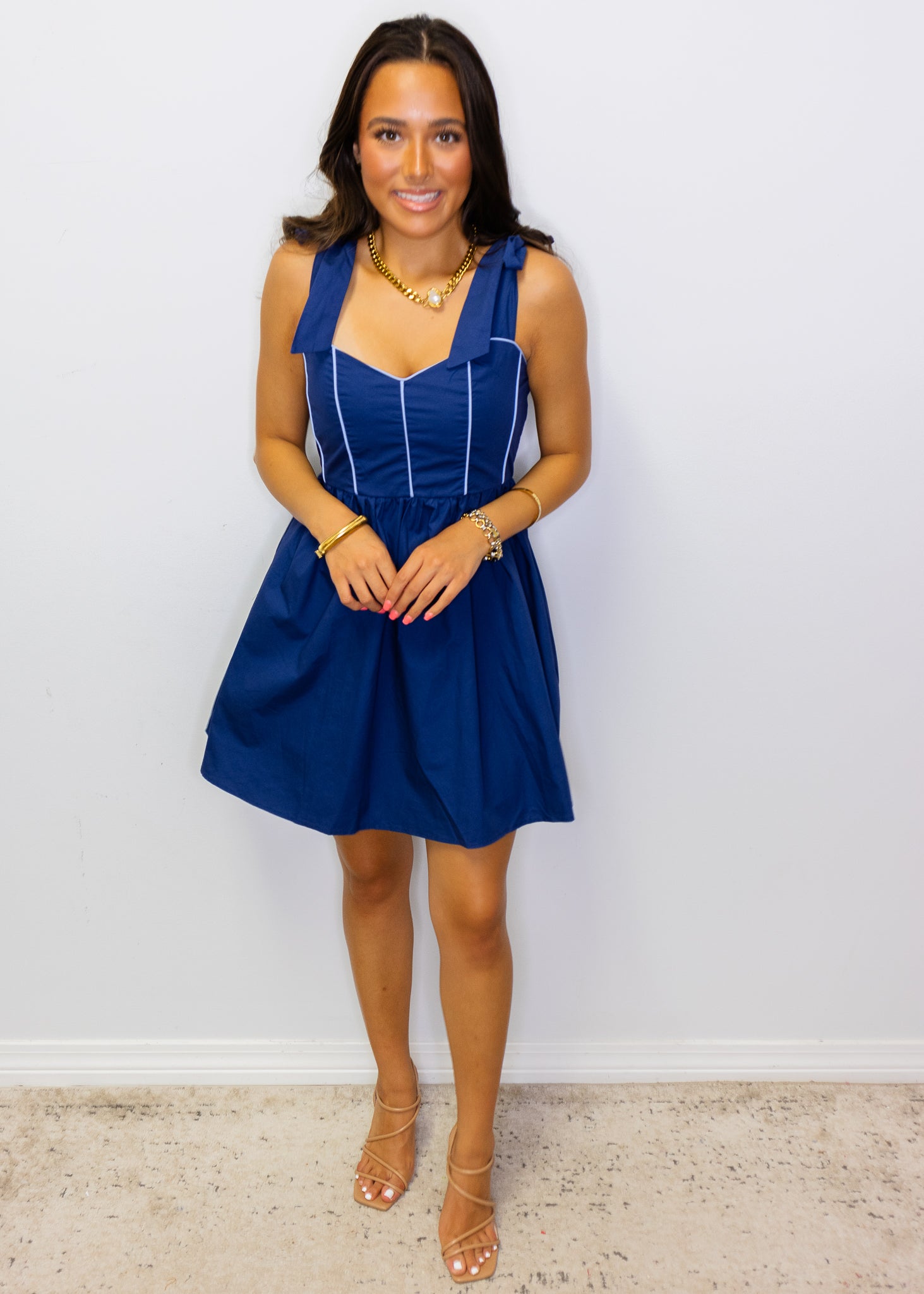 Navy Blue Contrast Piping Dress
