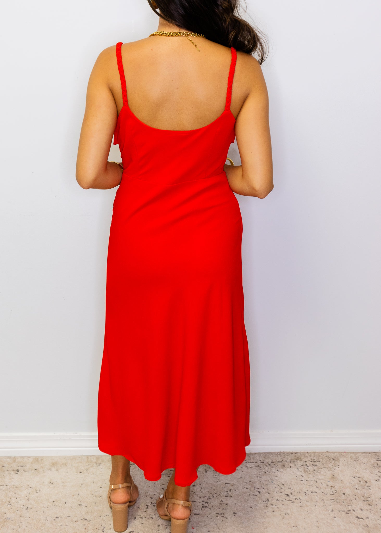 Red Cowl Neck Midi Dress