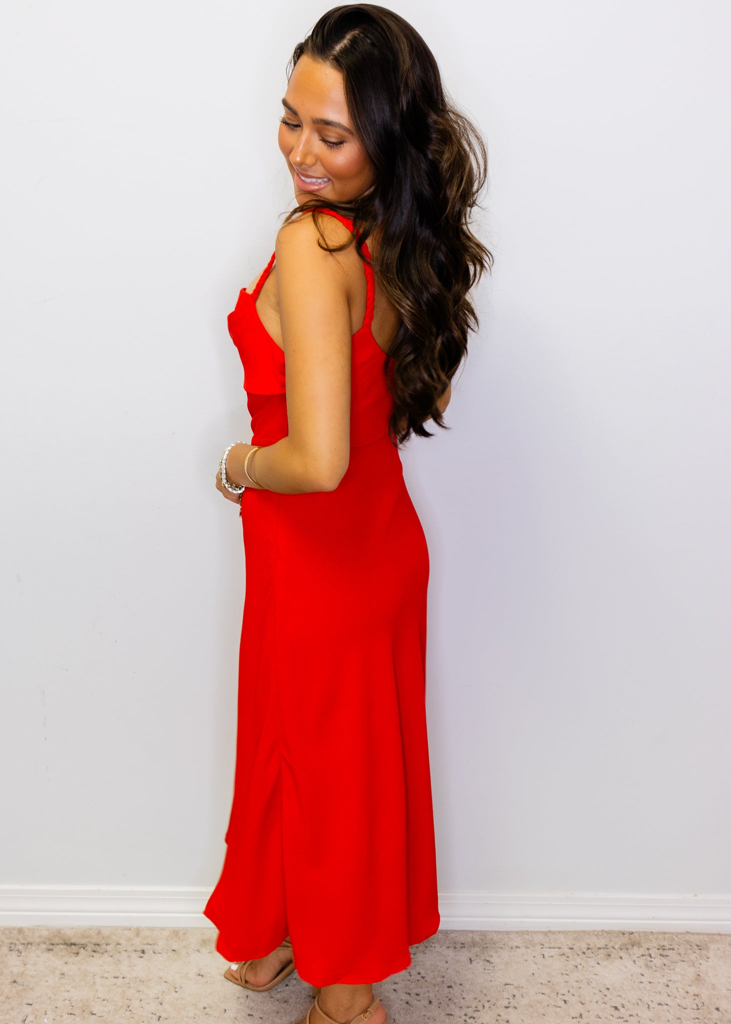 Red Cowl Neck Midi Dress