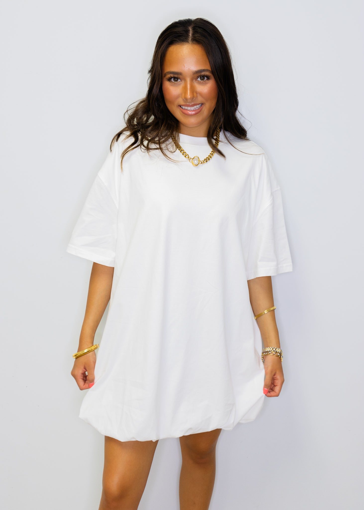 White Cotton Balloon Hem Dress