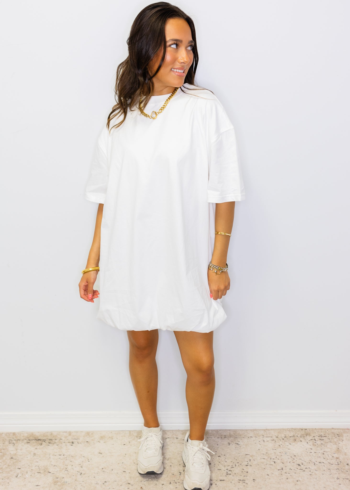 White Cotton Balloon Hem Dress