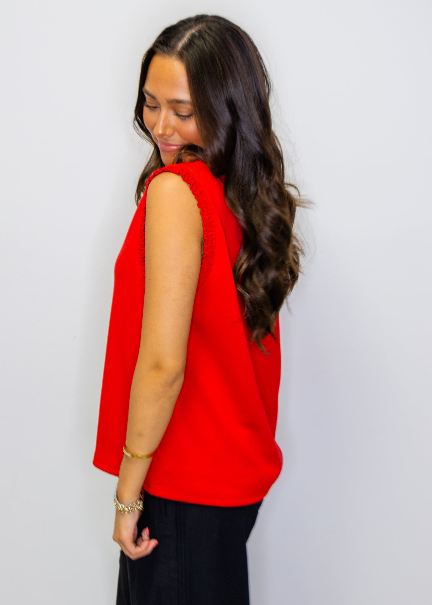 Red Smocked Edge Sleeveless Top