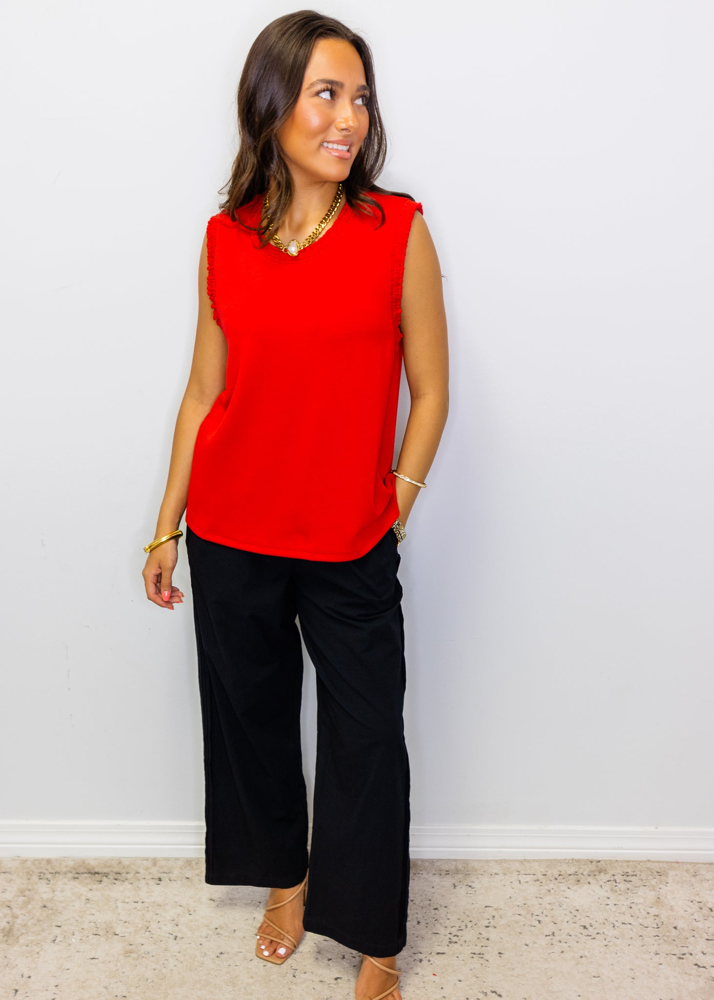 Red Smocked Edge Sleeveless Top