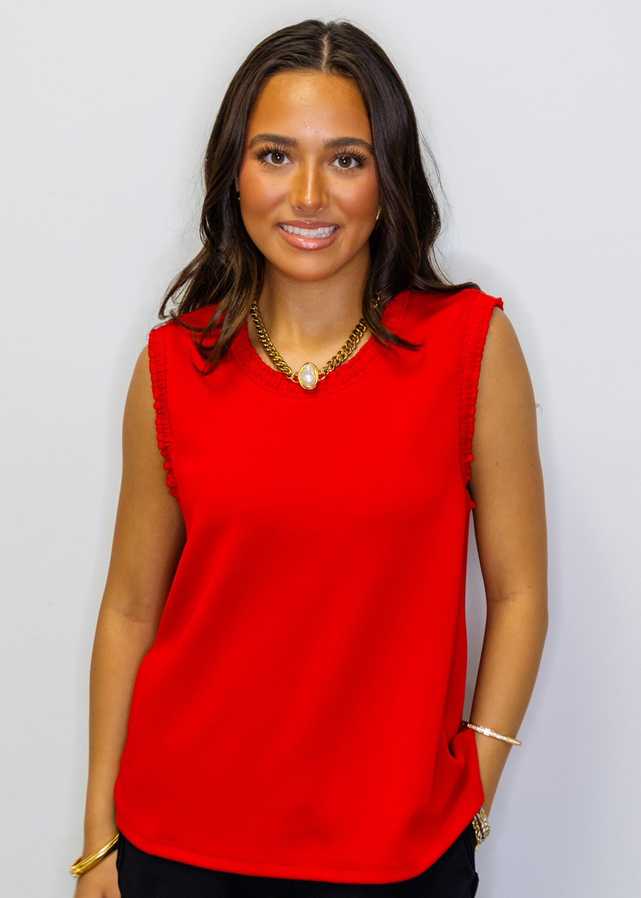 Red Smocked Edge Sleeveless Top