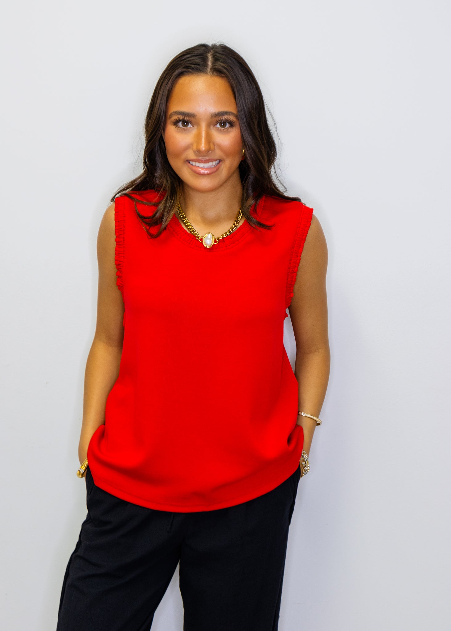 Red Smocked Edge Sleeveless Top