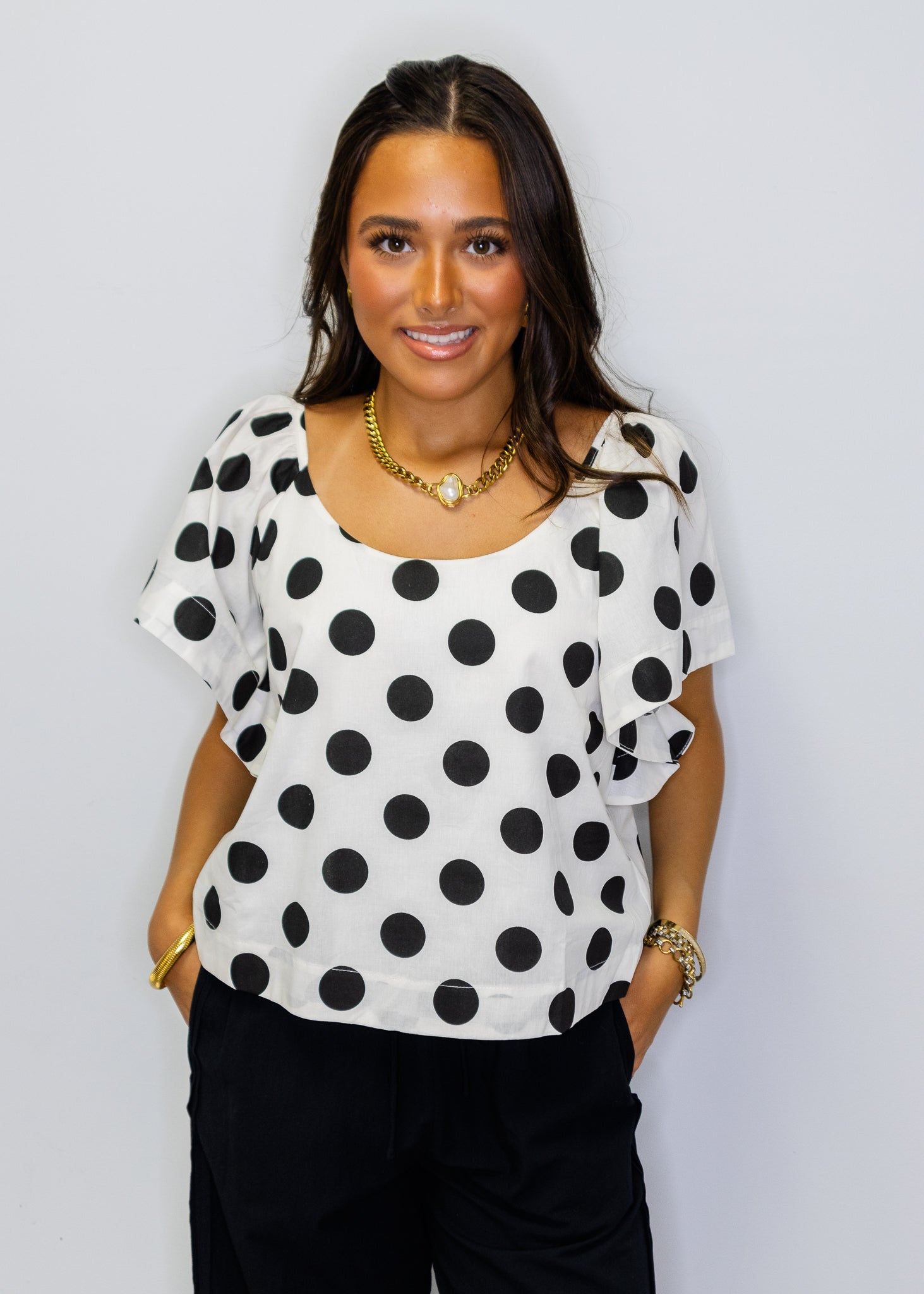 White Polka Dot Flutter Sleeve Top