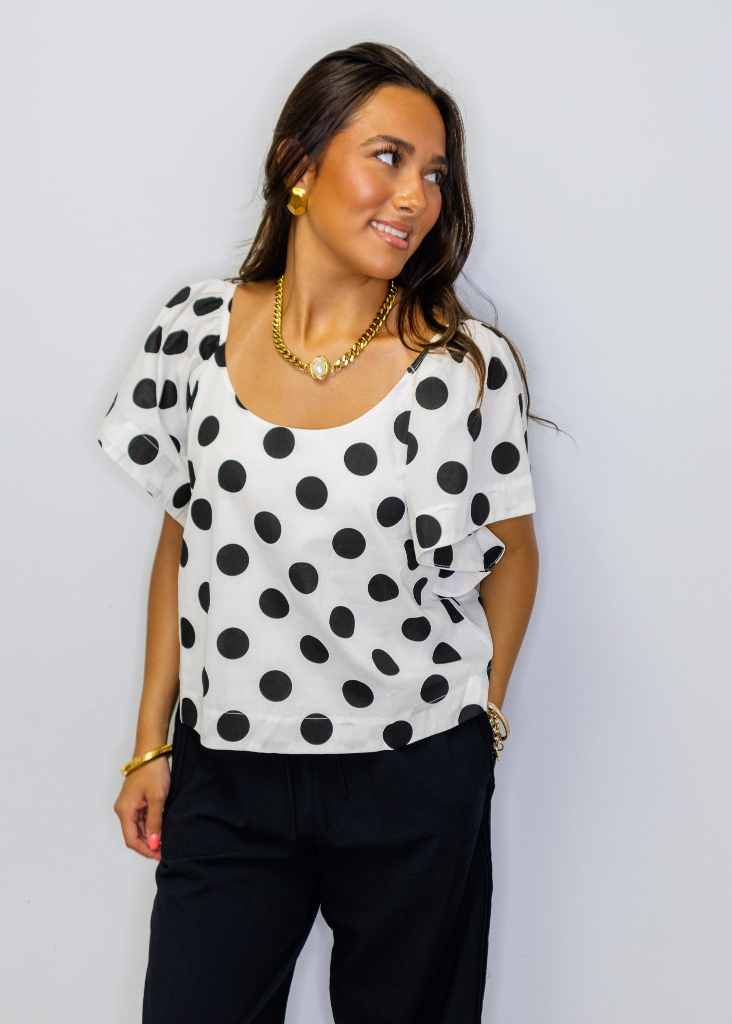 White Polka Dot Flutter Sleeve Top