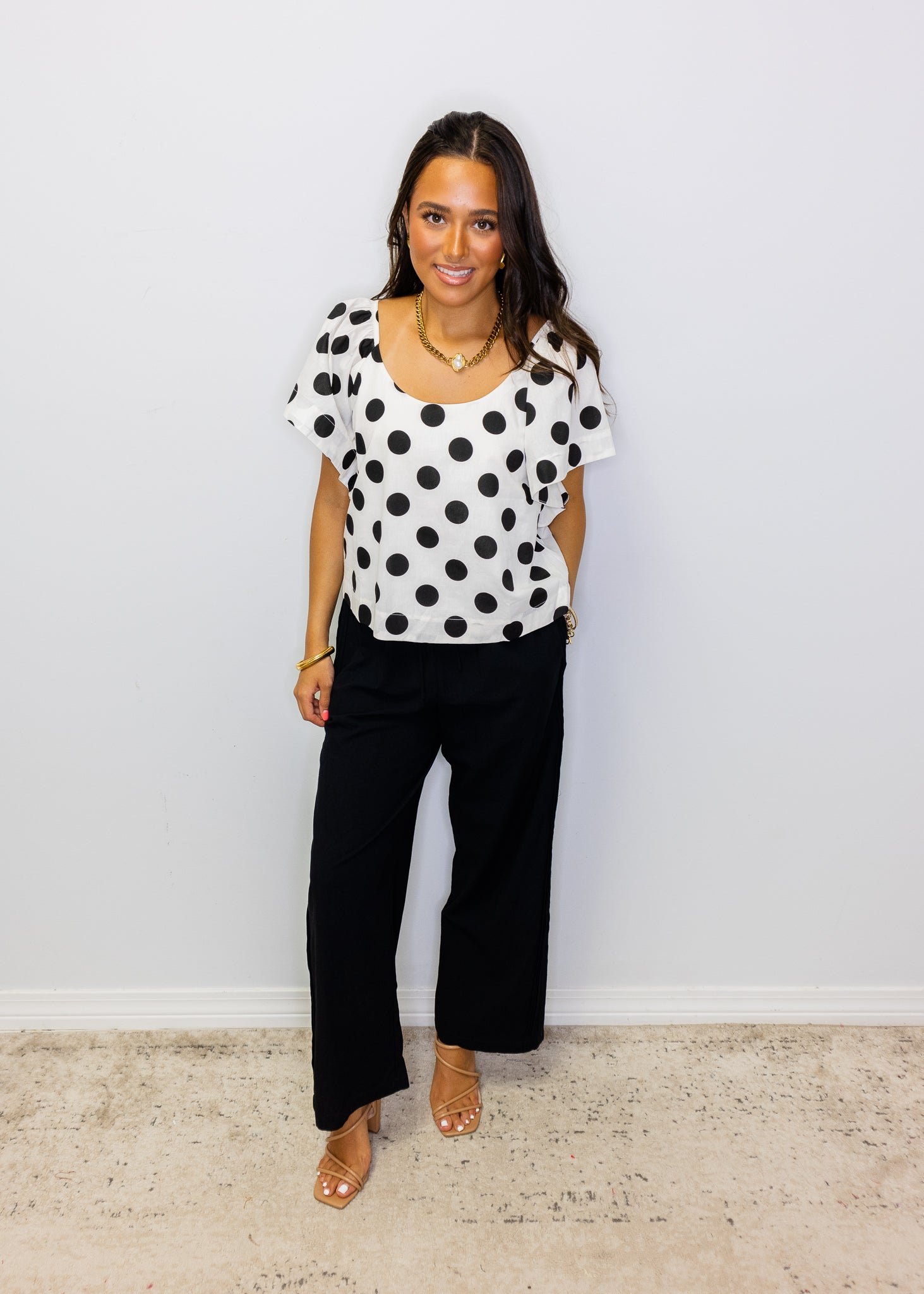 White Polka Dot Flutter Sleeve Top