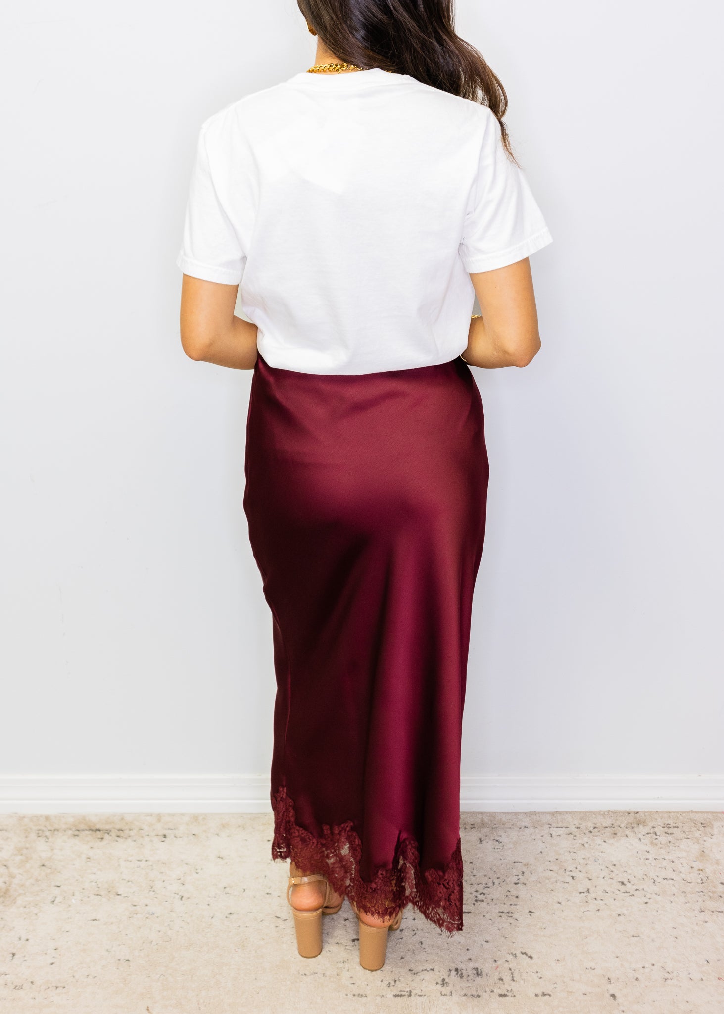 Burgundy Lace Midi Skirt
