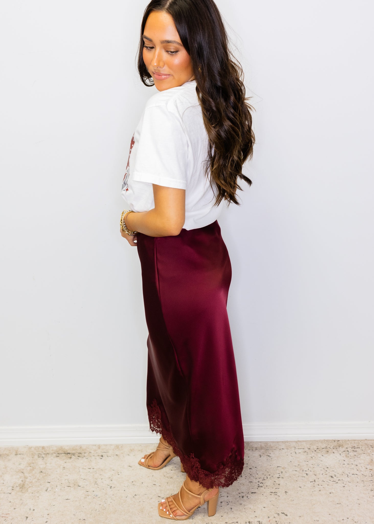 Burgundy Lace Midi Skirt