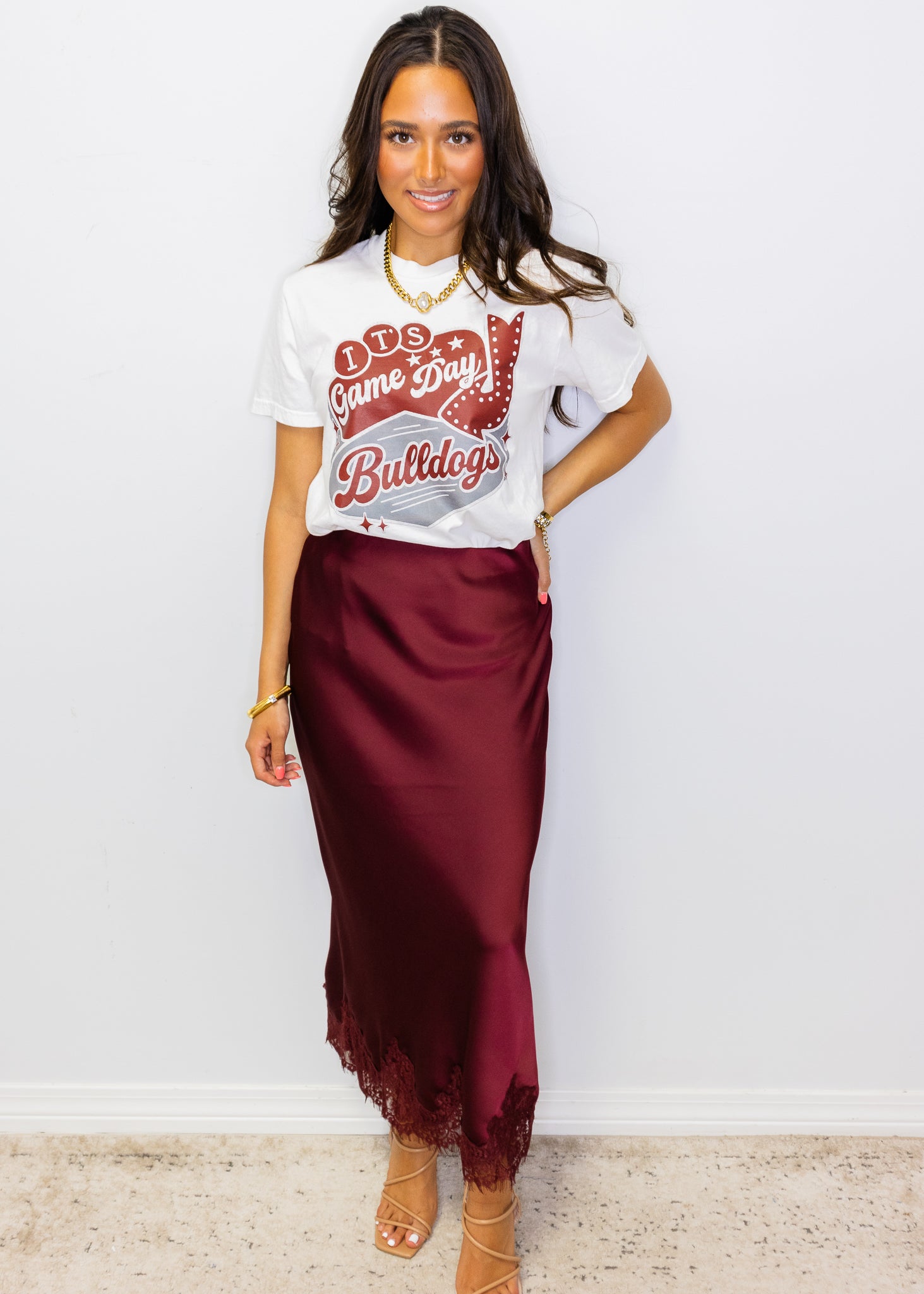 Burgundy Lace Midi Skirt