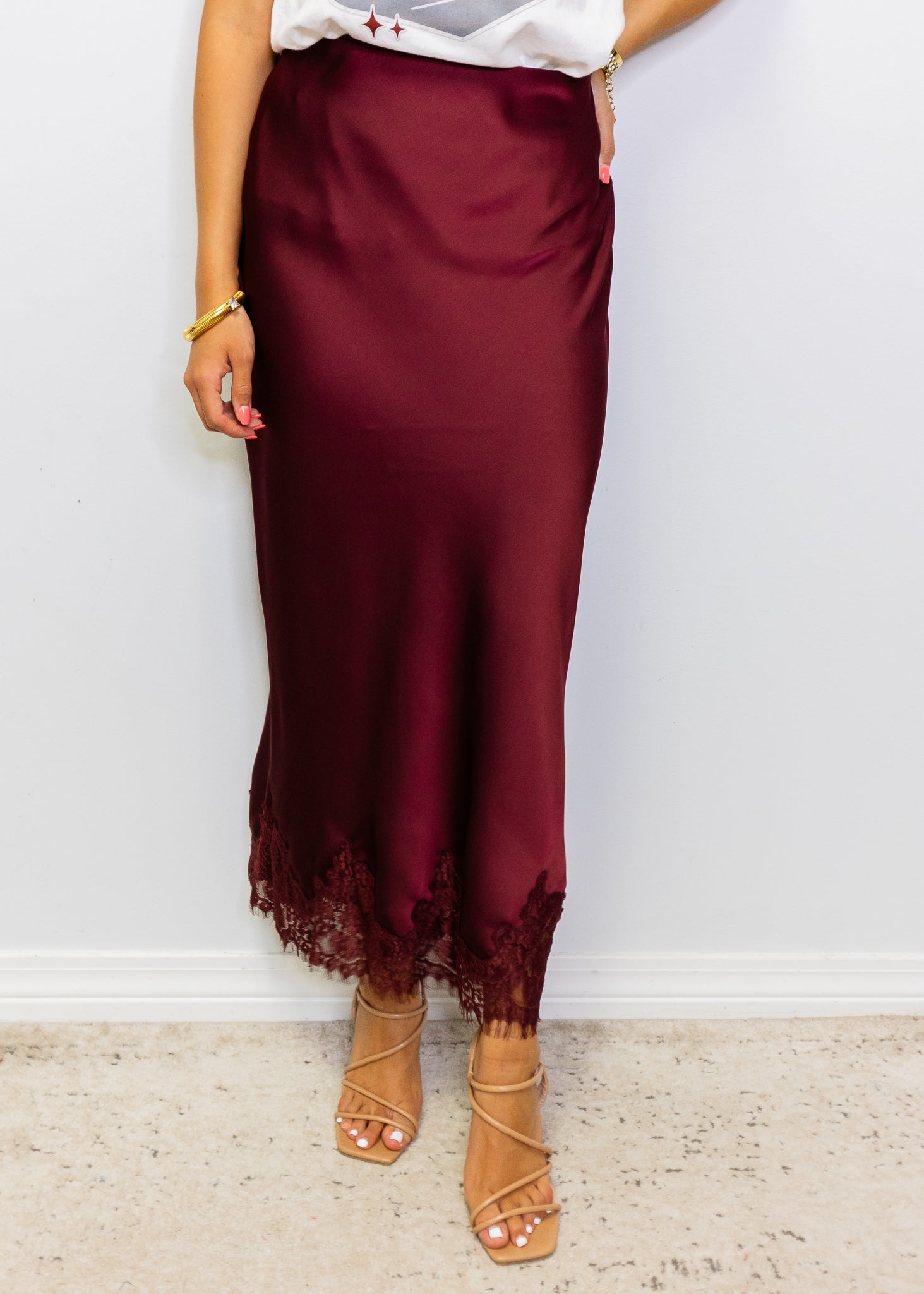 Burgundy Lace Midi Skirt