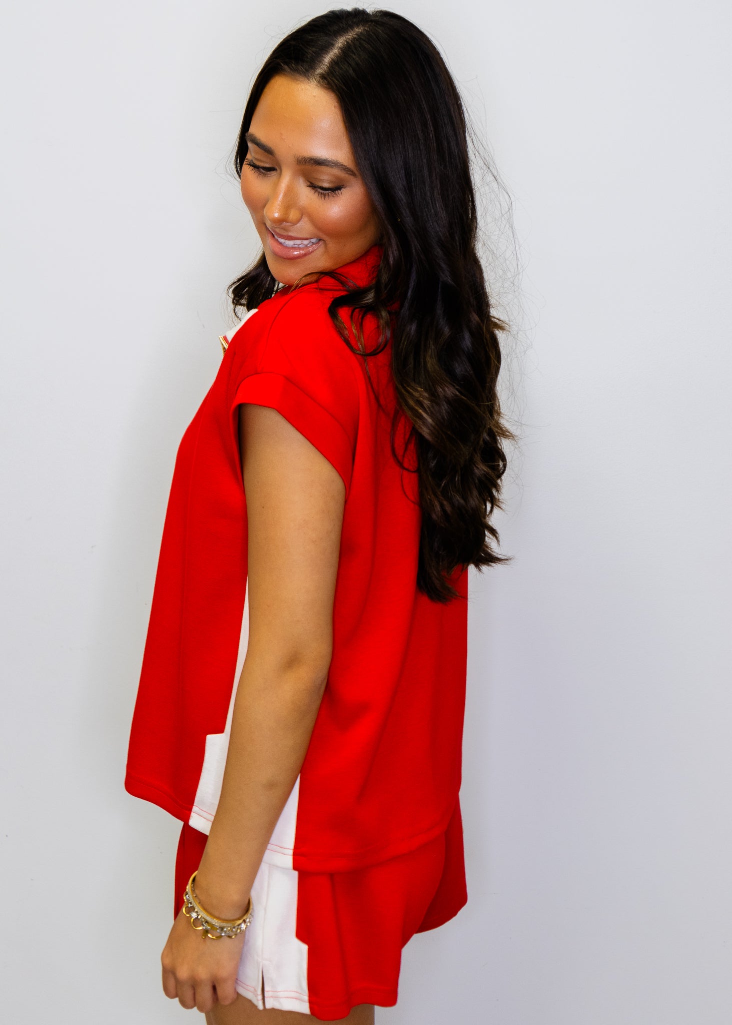 Red & White Contrast Shorts Set