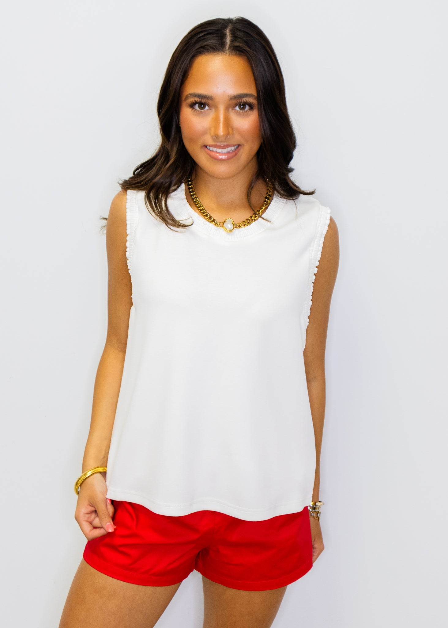 White Smocked Edge Sleeveless Top