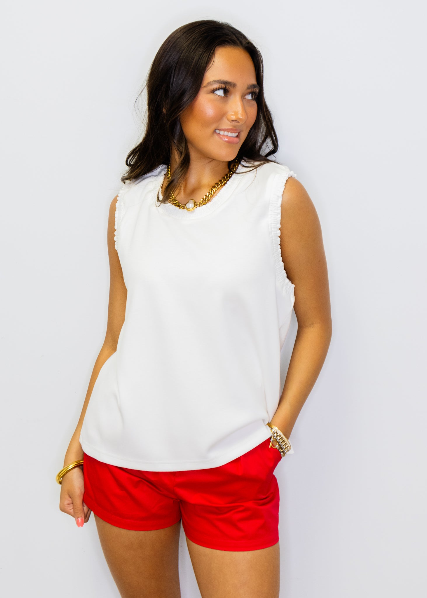 White Smocked Edge Sleeveless Top