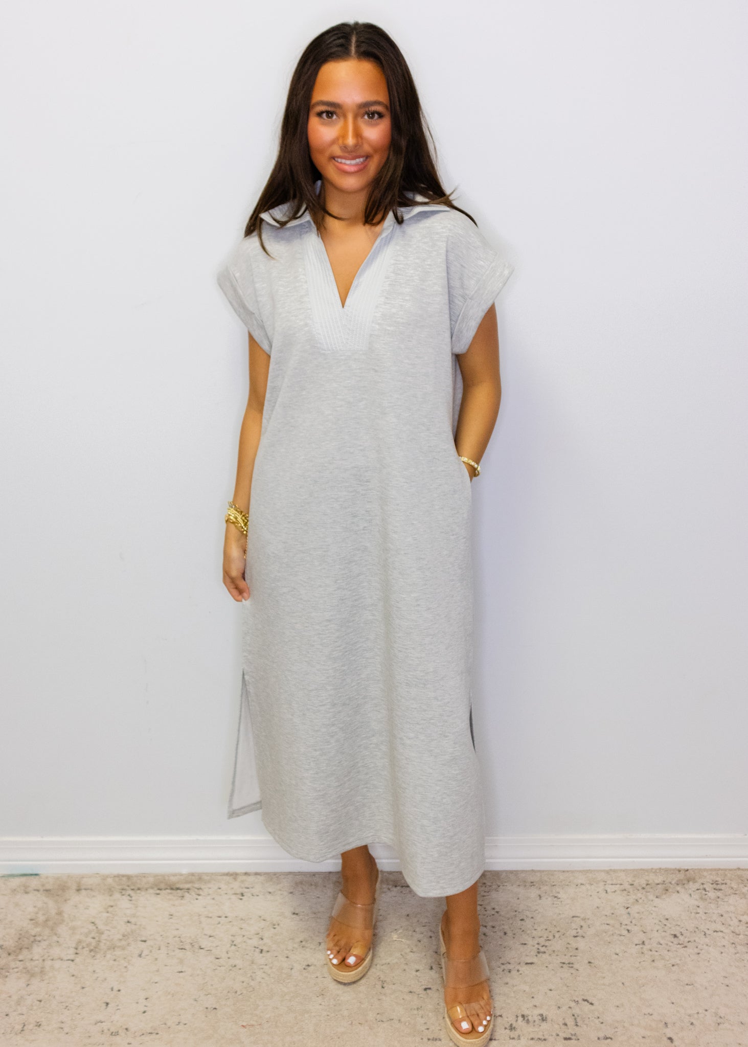 Grey Stitch Detail Midi Dress