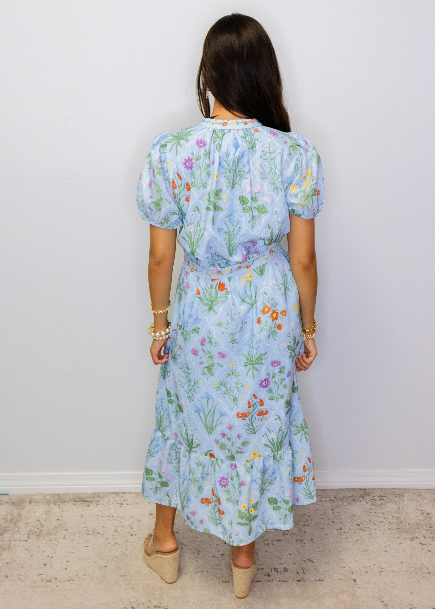 Blue Floral Print Midi Dress