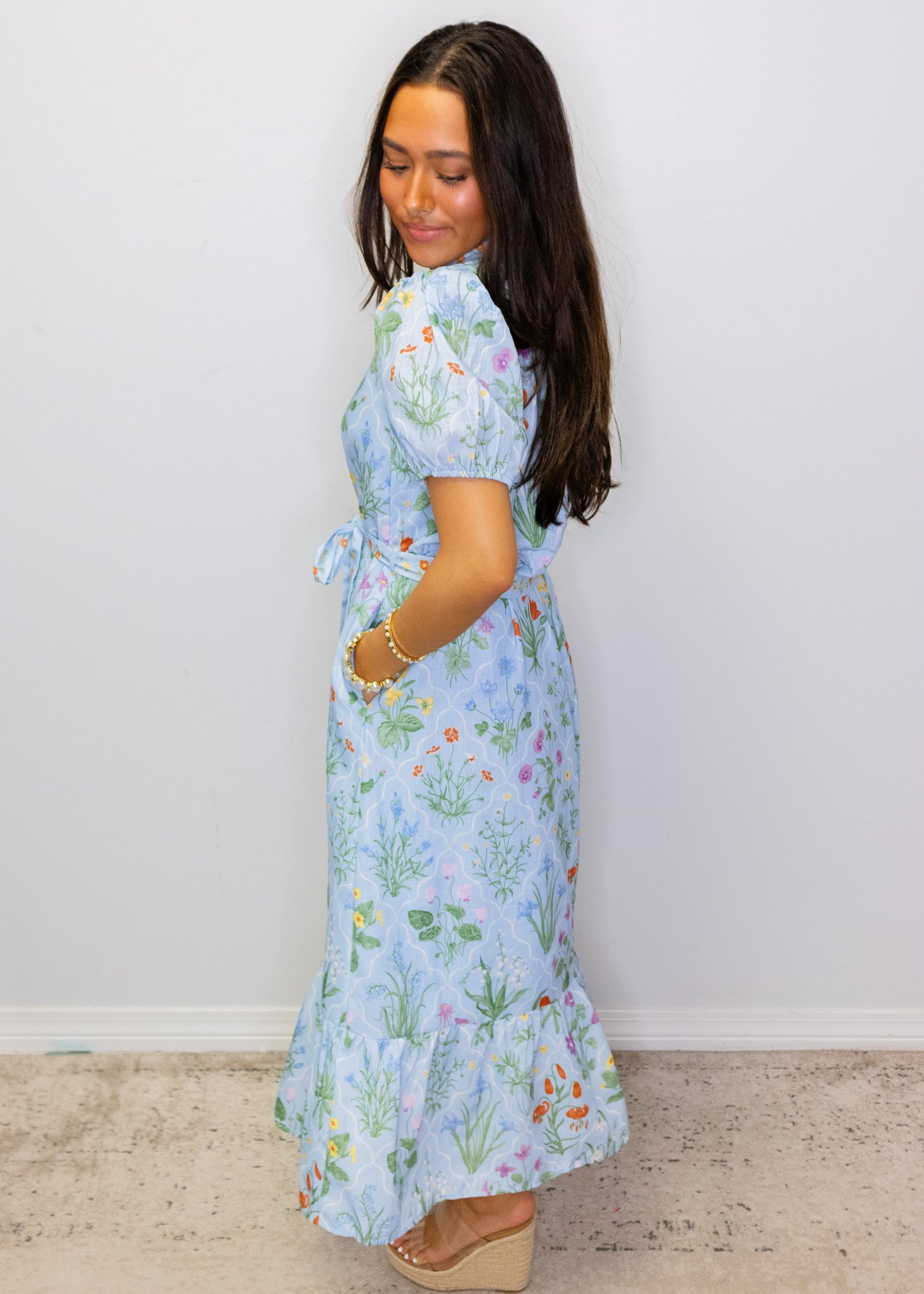Blue Floral Print Midi Dress