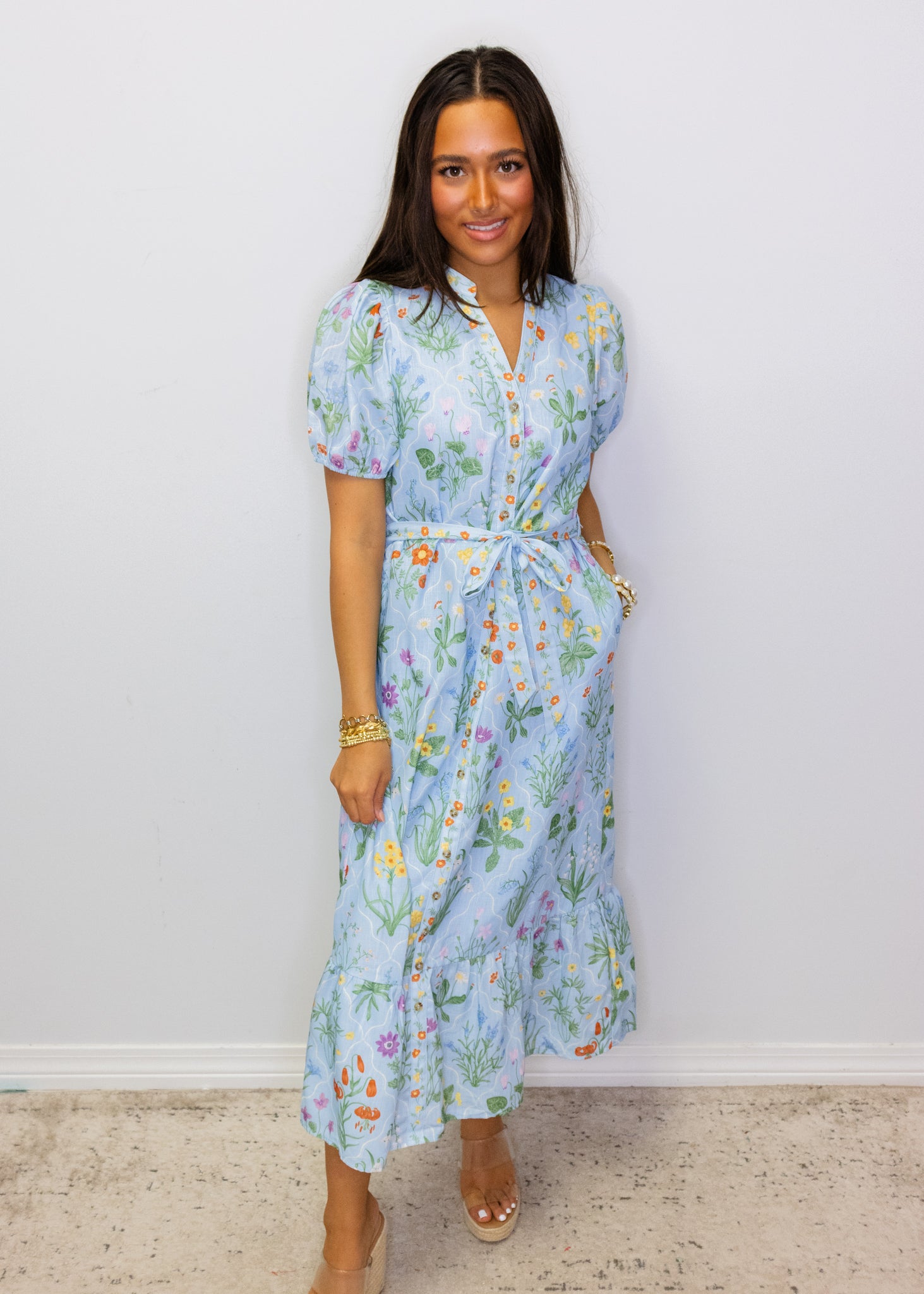 Blue Floral Print Midi Dress