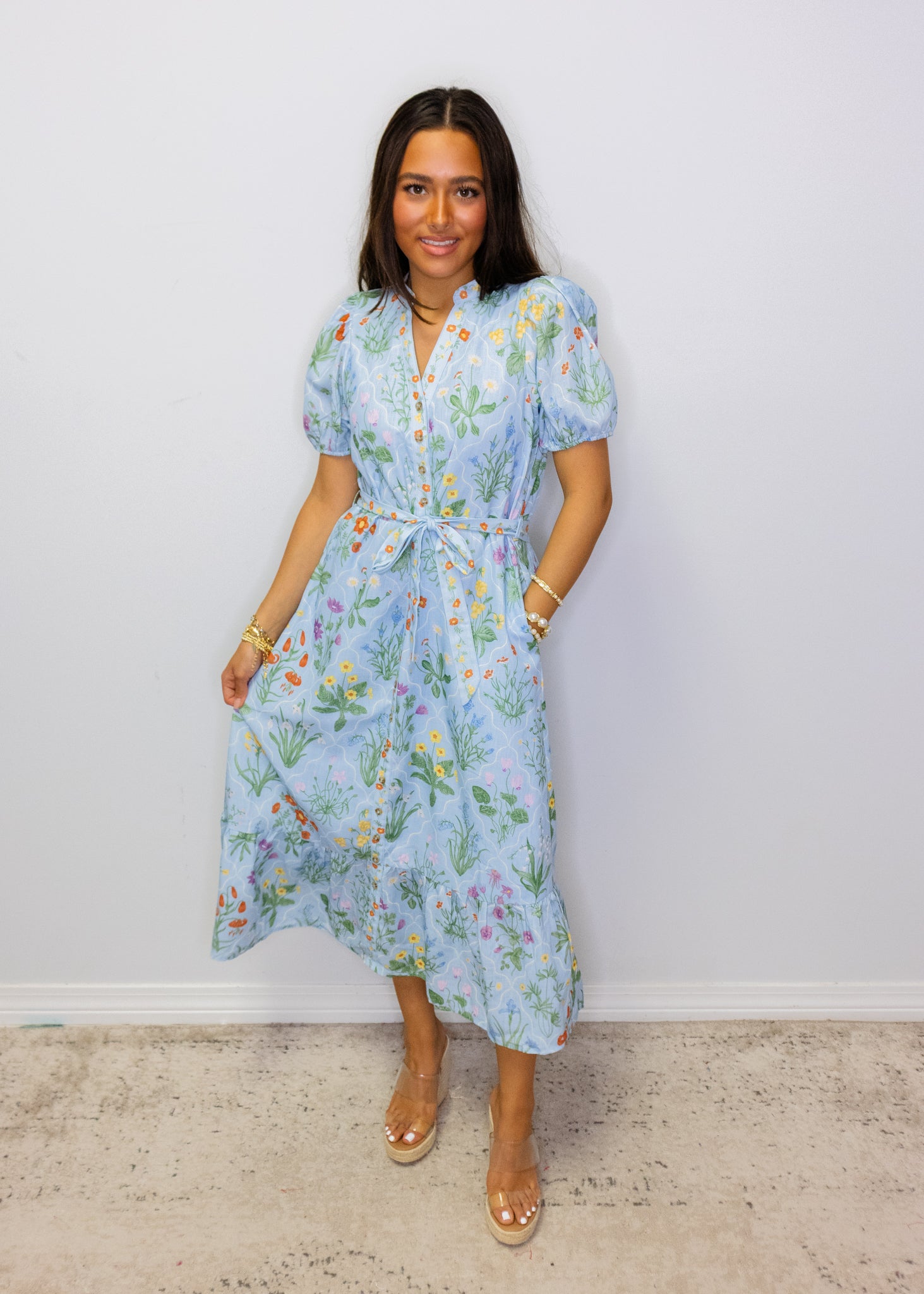 Blue Floral Print Midi Dress
