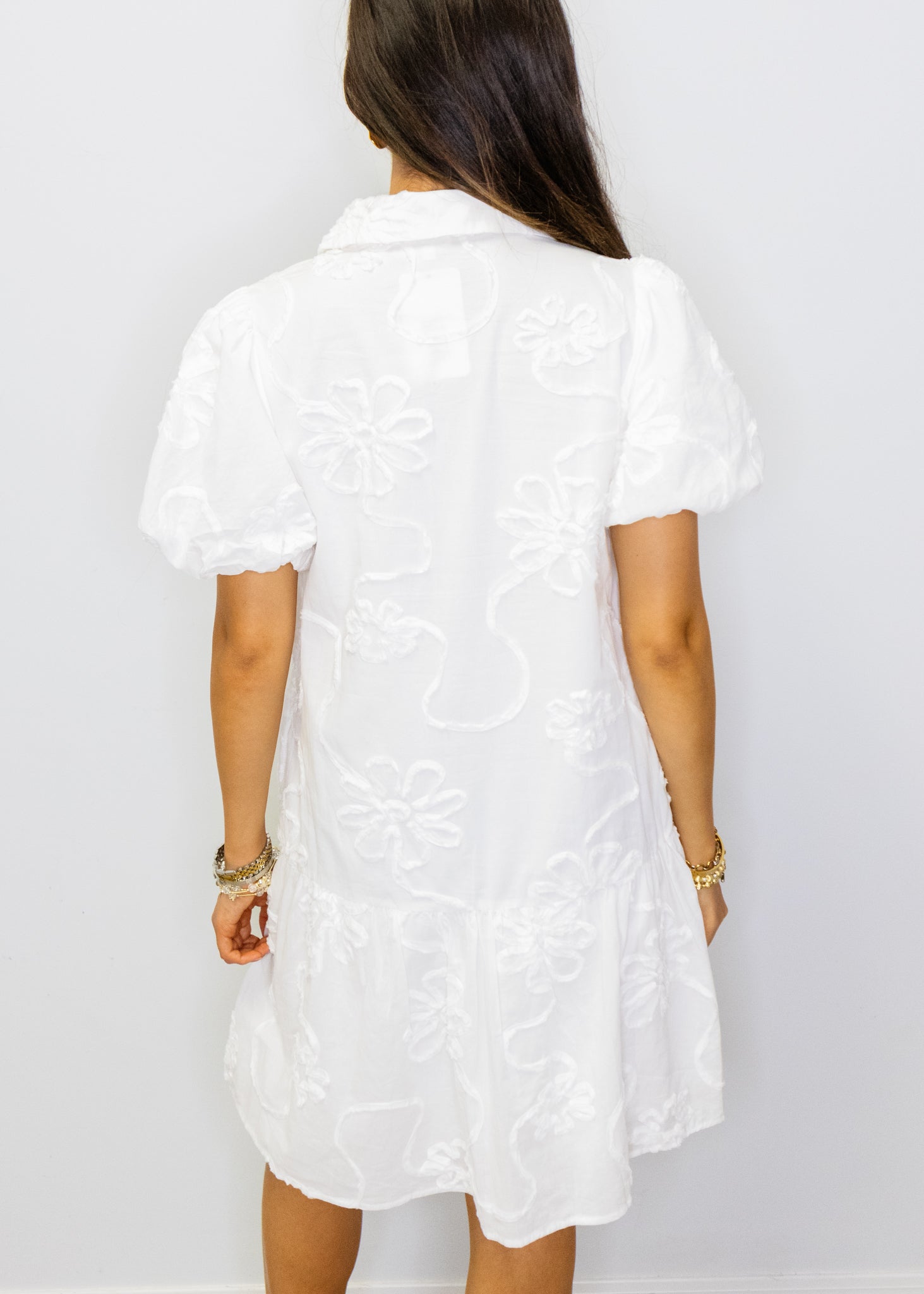 White 3D Floral Button-Up Dress