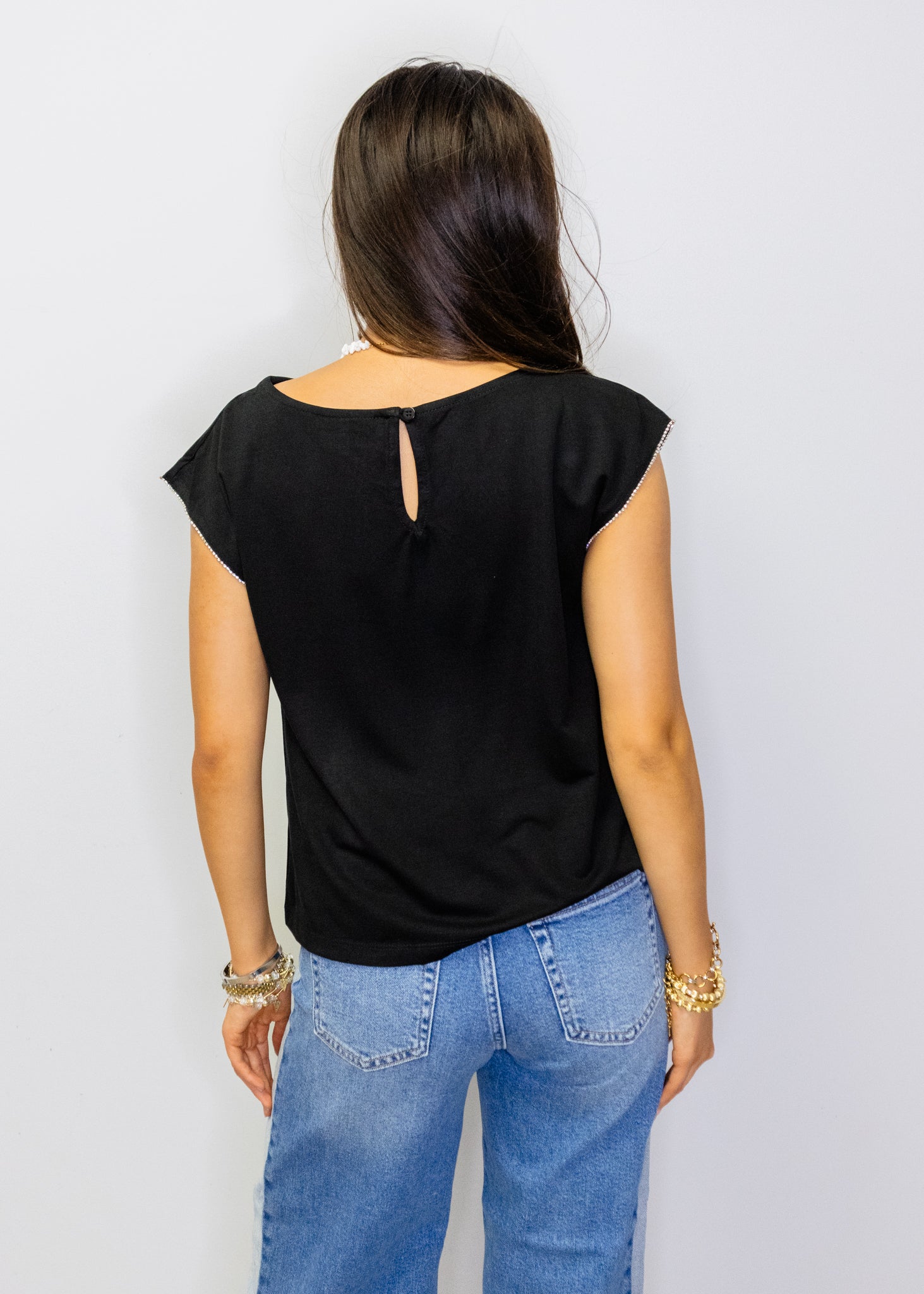 Black Rhinestone Sleeve Top