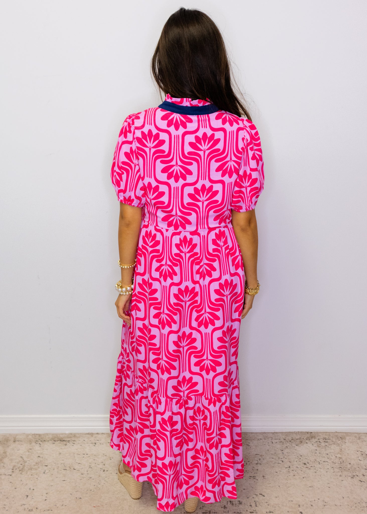 Pink Floral Geometric Midi Dress