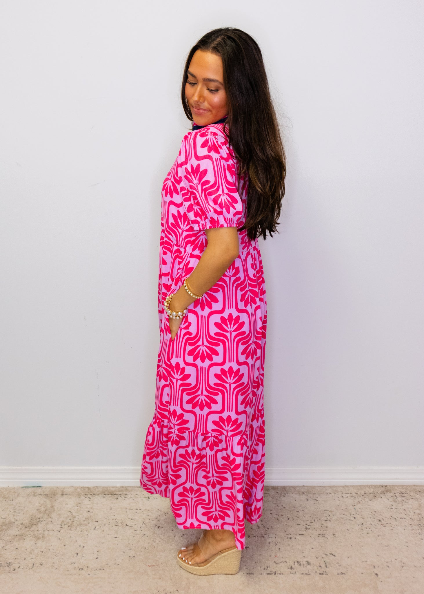 Pink Floral Geometric Midi Dress