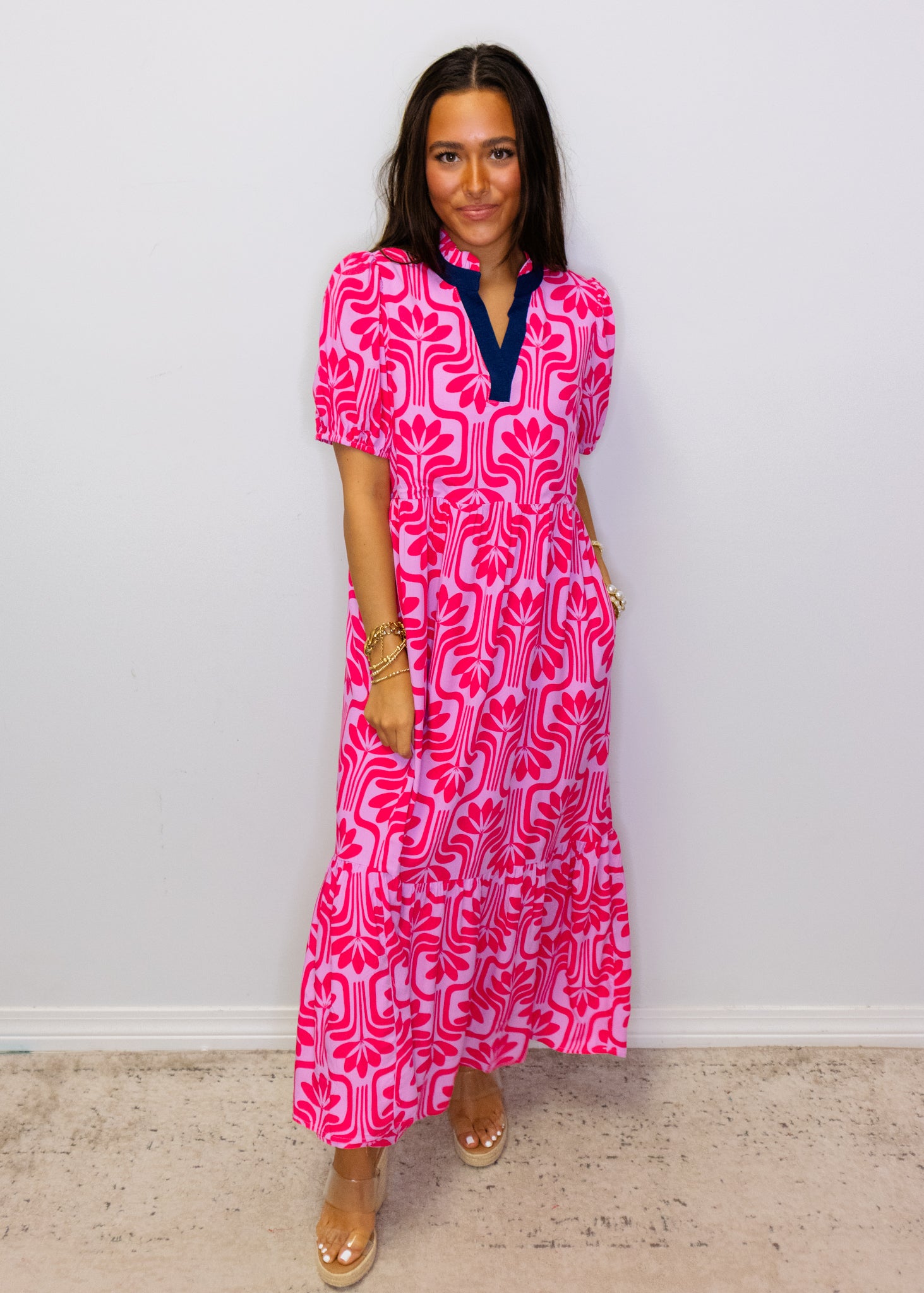 Pink Floral Geometric Midi Dress
