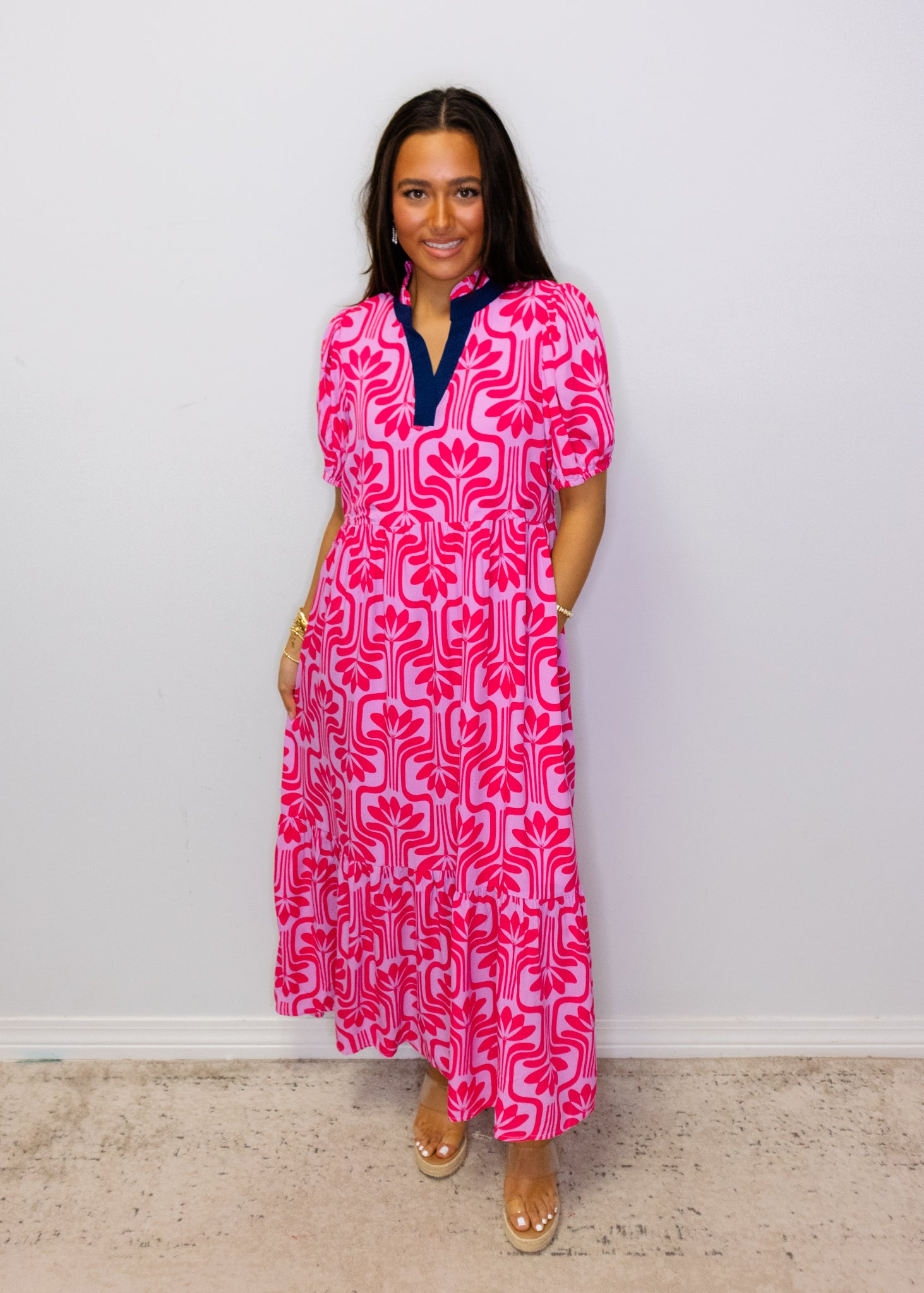 Pink Floral Geometric Midi Dress