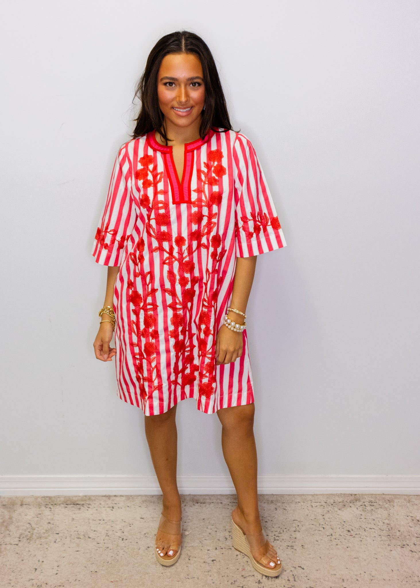 Fuchsia Stripe Embroidered Dress