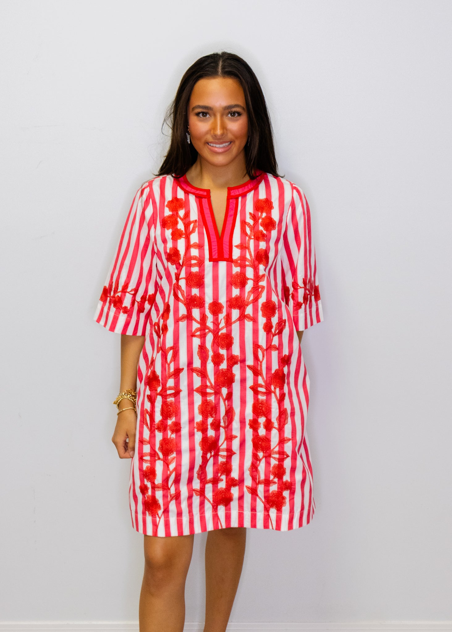 Fuchsia Stripe Embroidered Dress
