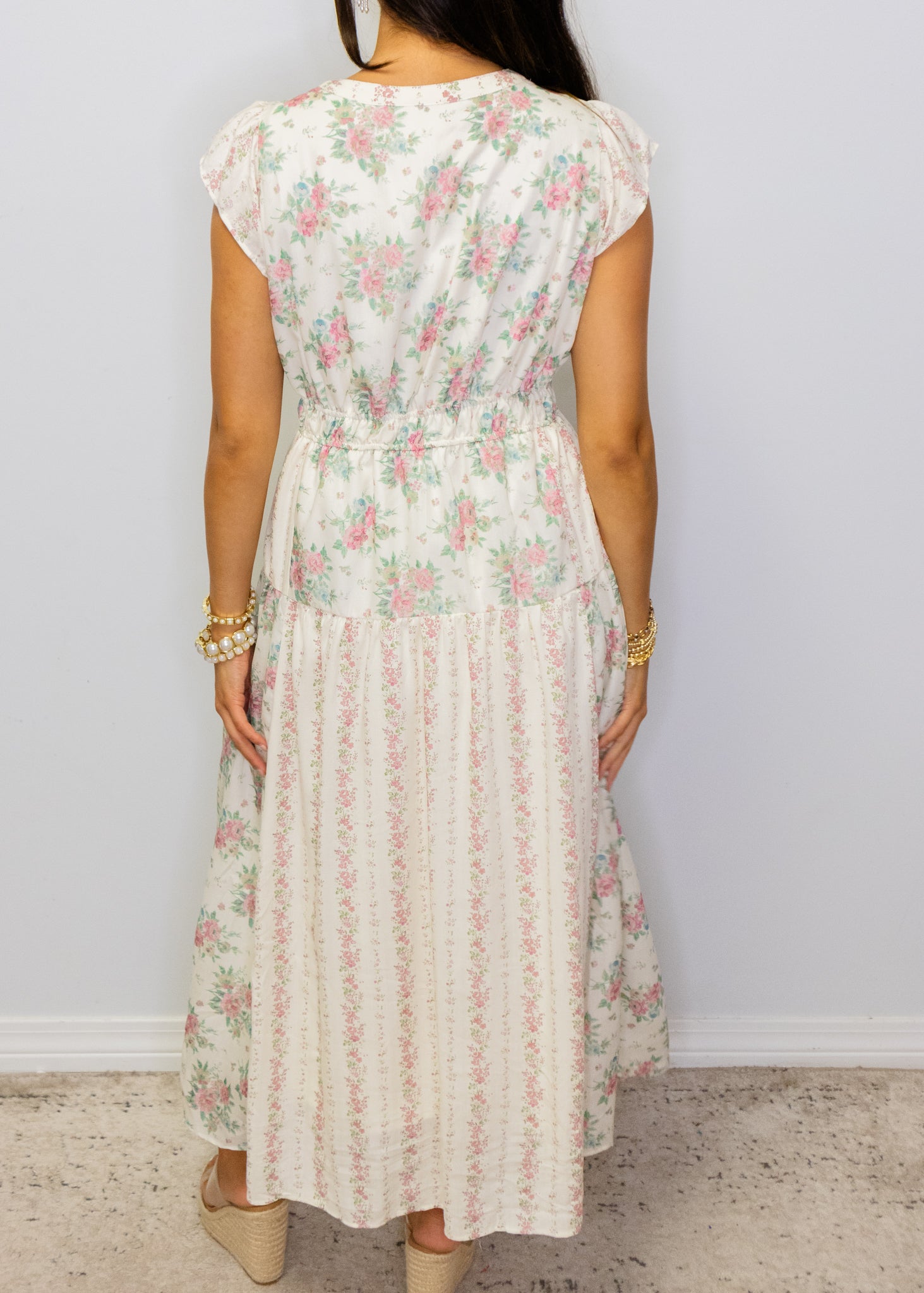 Mixed Floral Print V-Neck Midi Dress