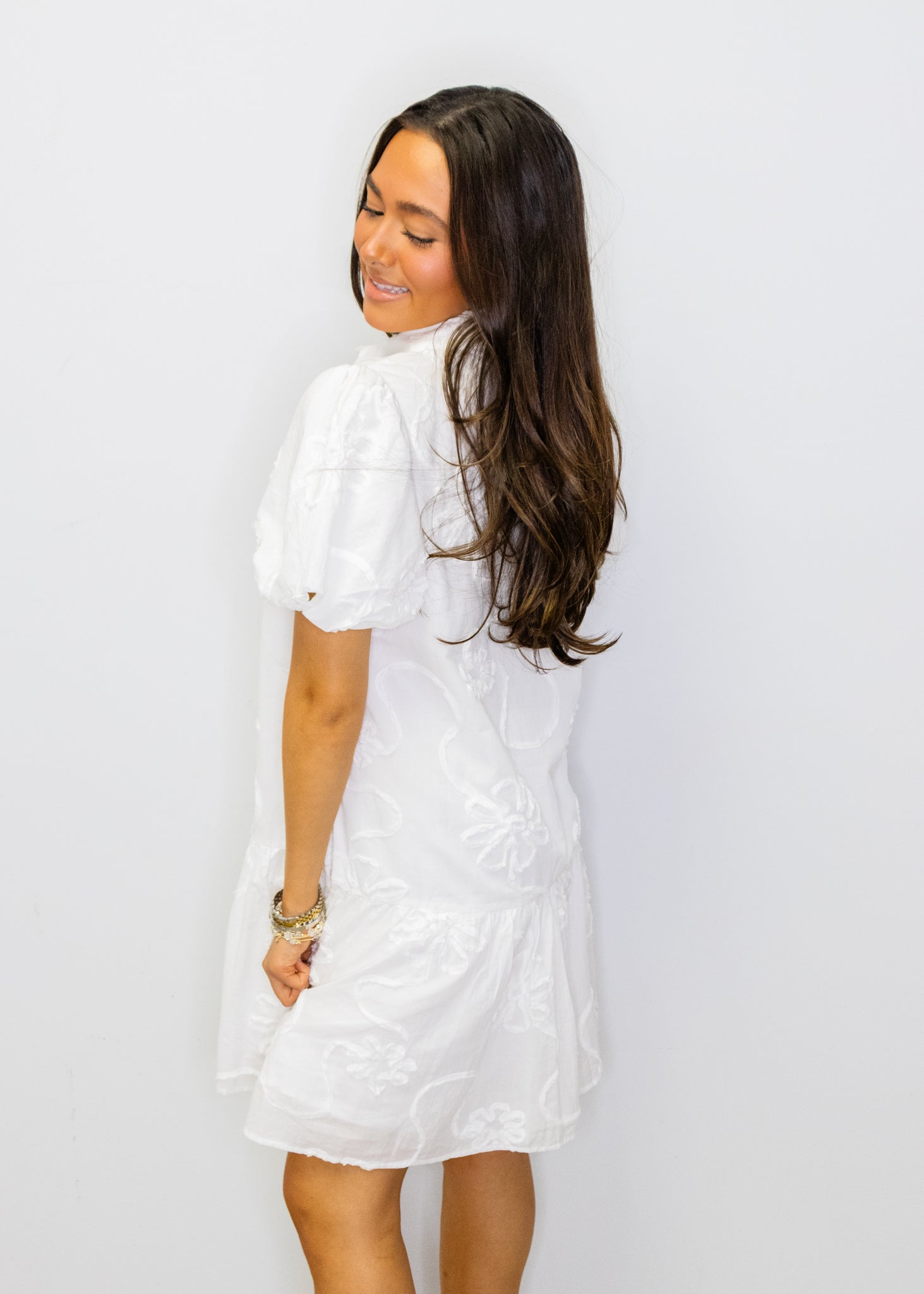 White 3D Floral Button-Up Dress