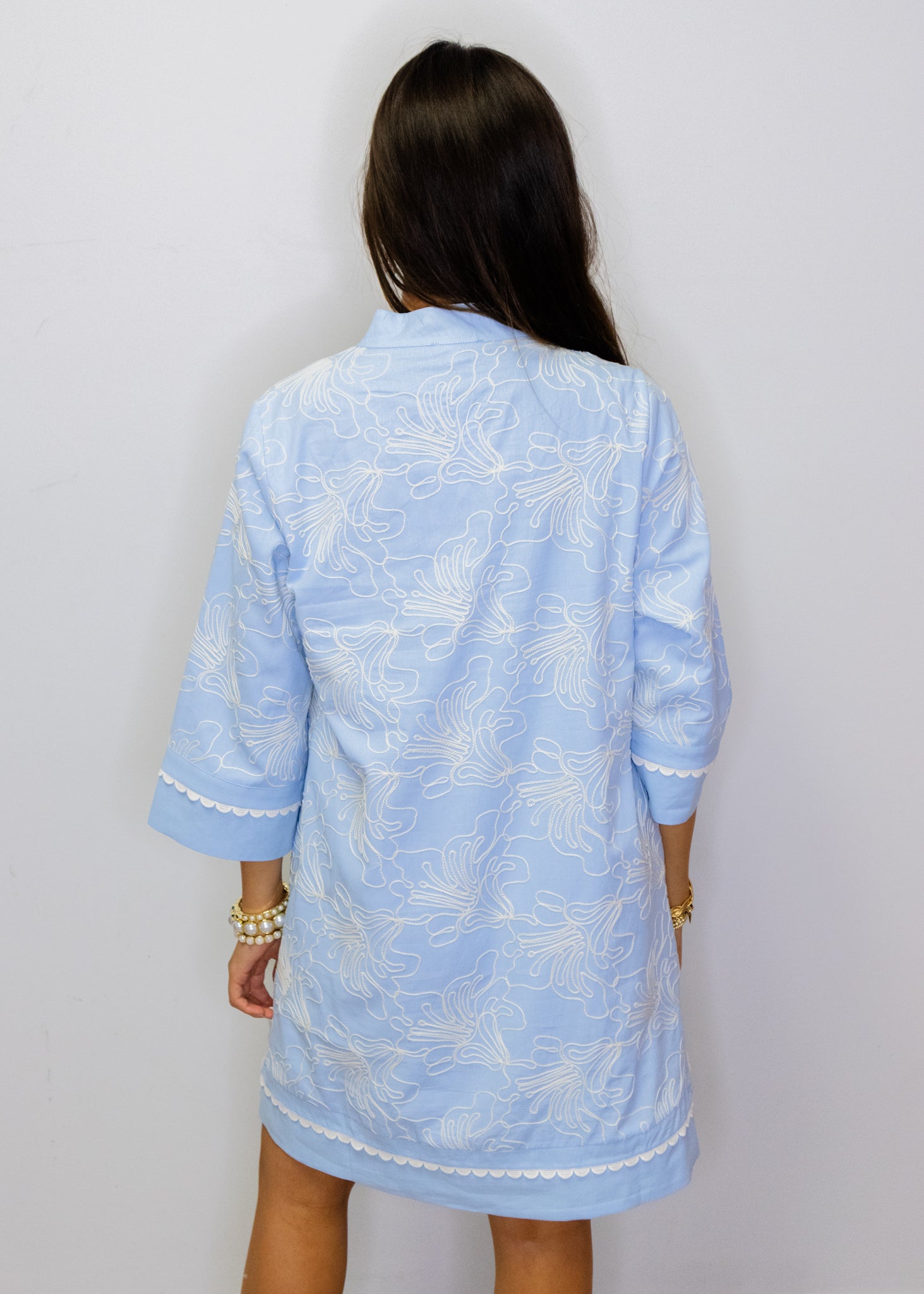 Blue Scallop Trim Embroidery Shift Dress