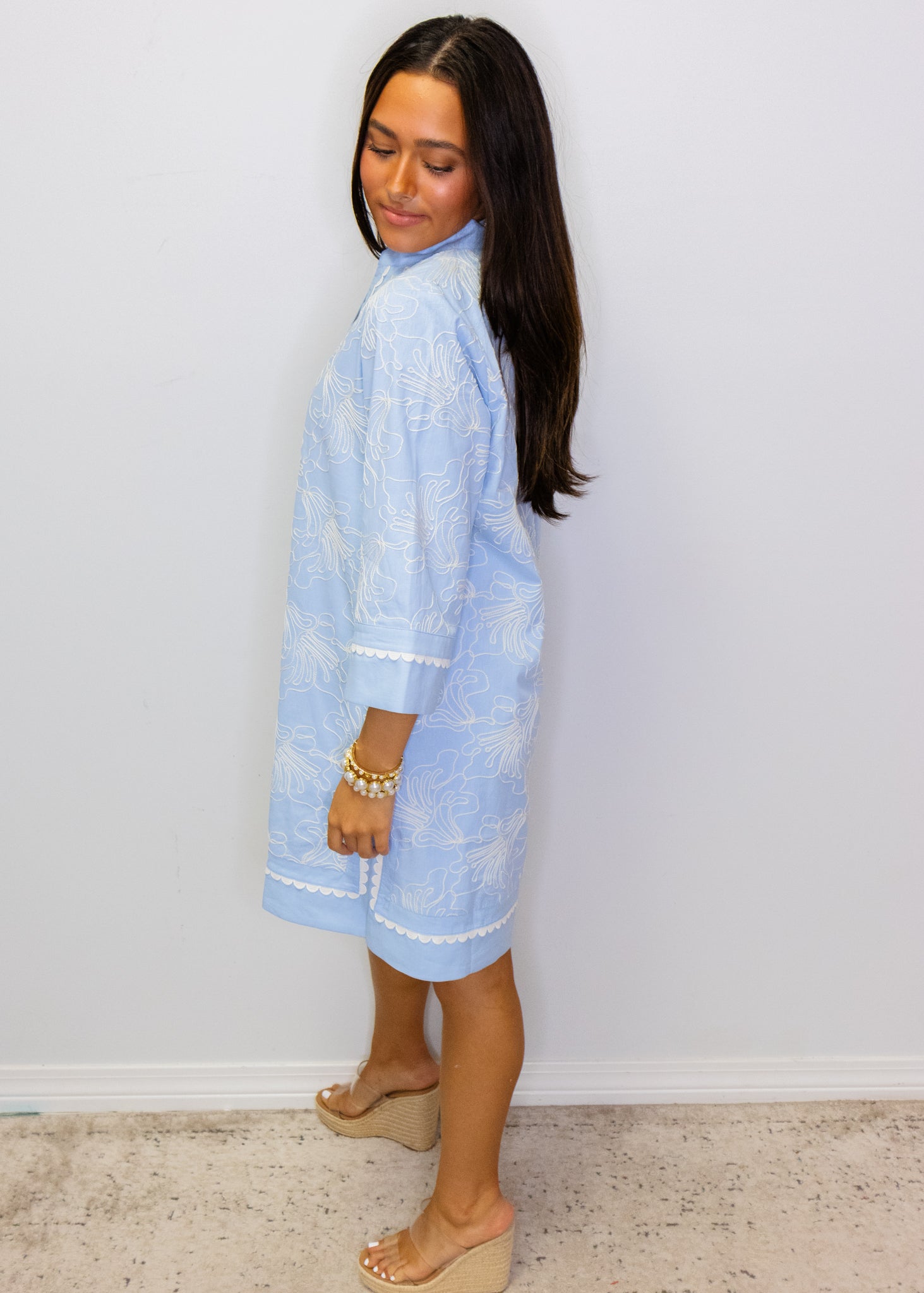 Blue Scallop Trim Embroidery Shift Dress